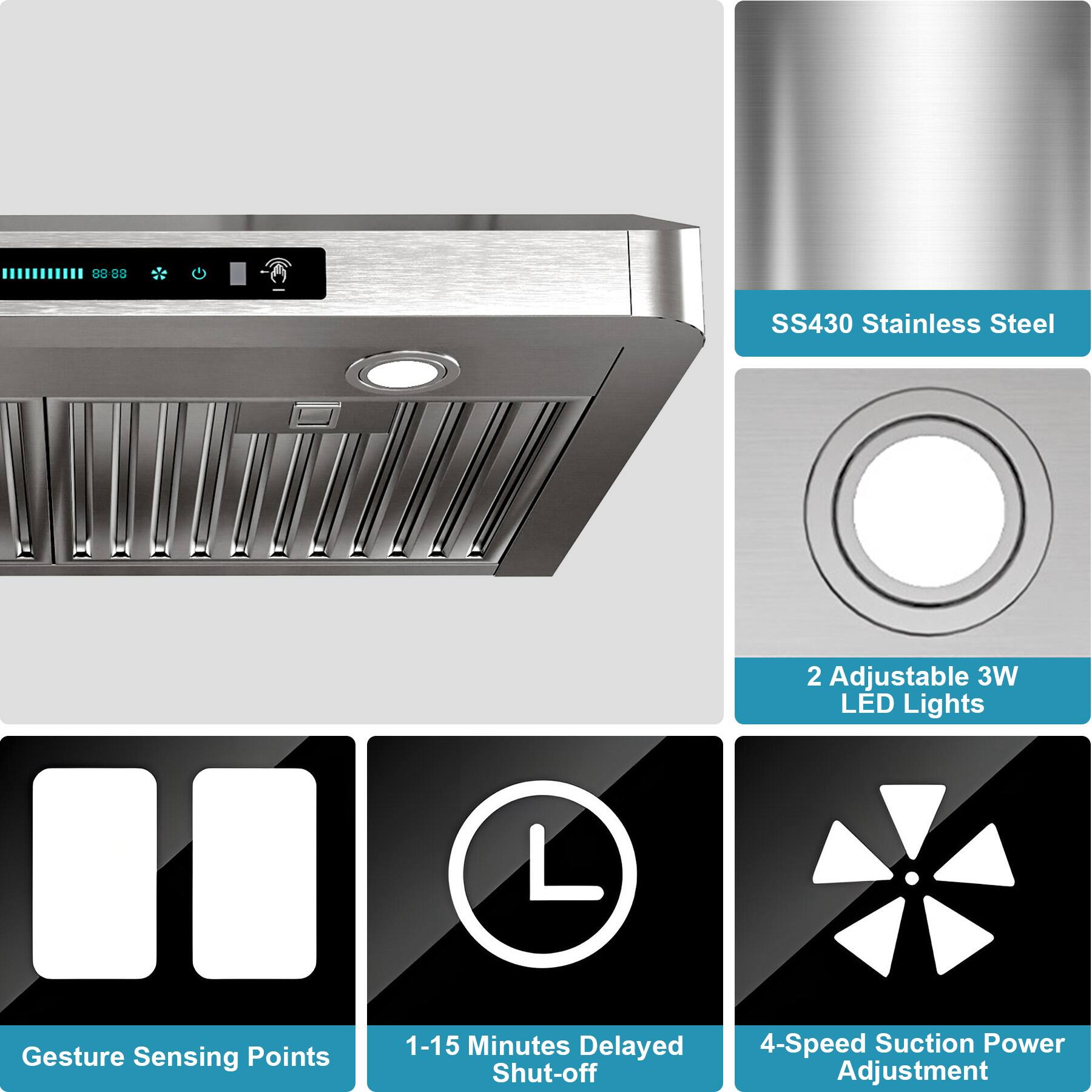 88.88 SS430 Stainless Steel  
2 Adjustable 3W LED Lights  
Gesture Sensing Points  
1-15 Minutes Delayed Shut-off  
4-Speed Suction Power Adjustment