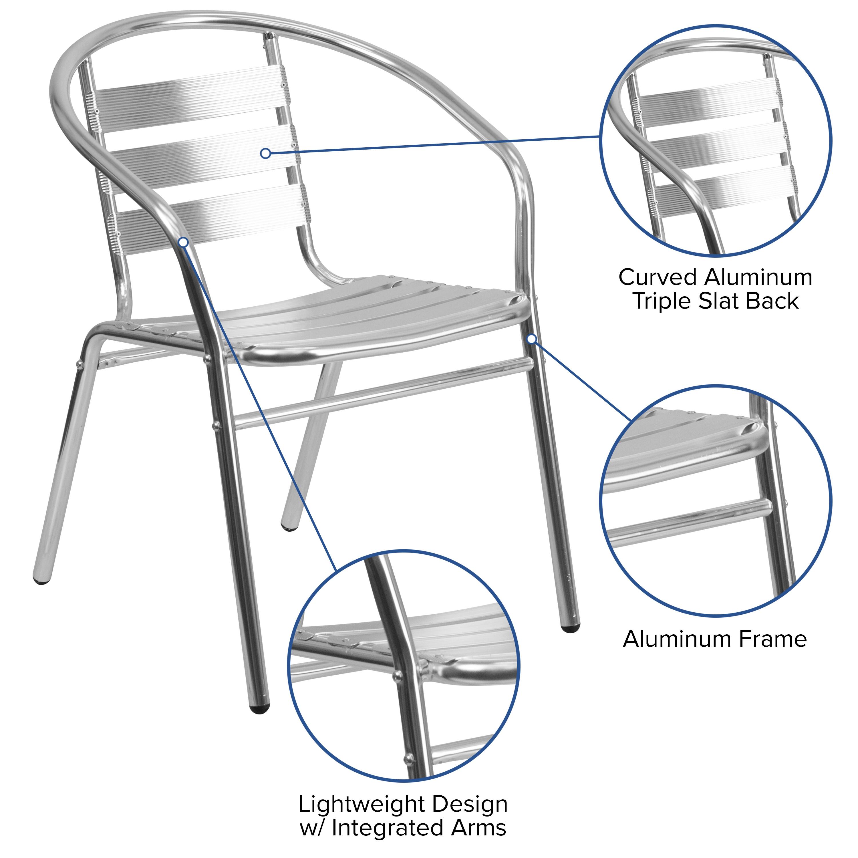 Curved Aluminum Triple Slat Back  
Aluminum Frame  
Lightweight Design w/ Integrated Arms