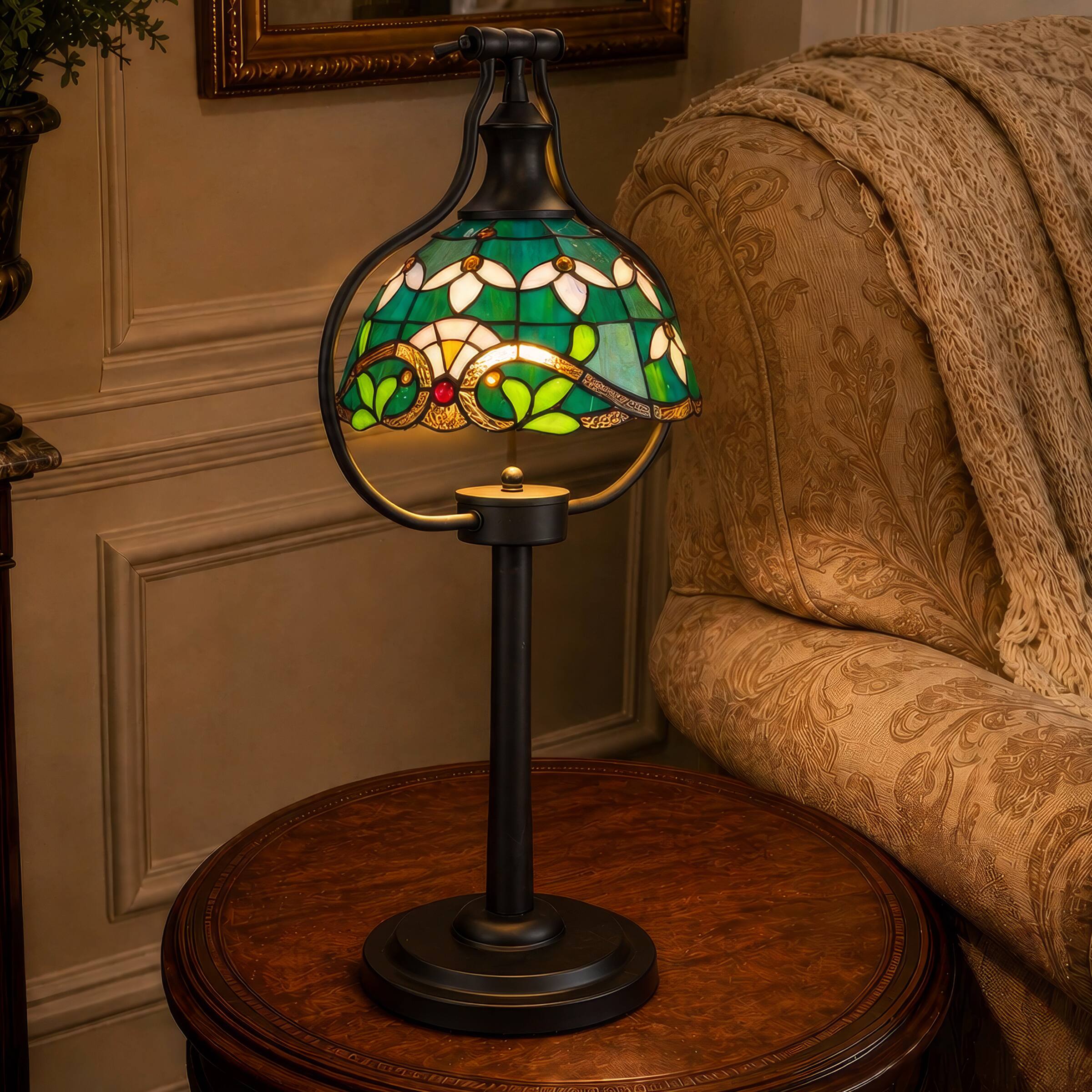 Alt View 5. Lavish Home - Lavish Home Tiffany Style Table Lamp with Stained Glass Shade, Bronze - Blue.