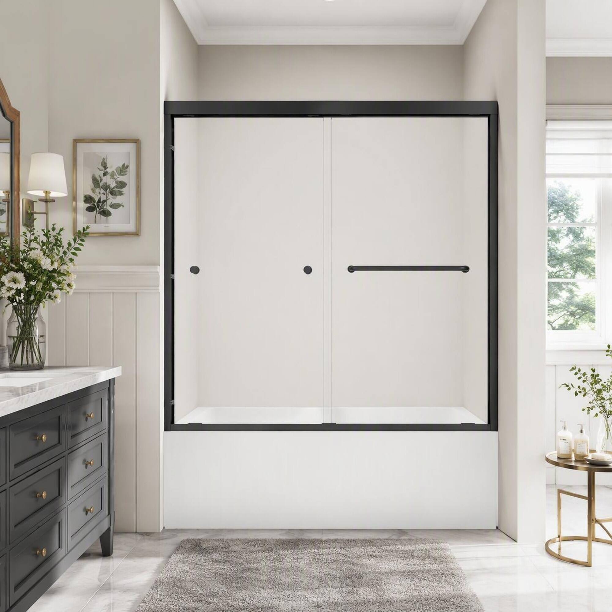 Left. RYHNUYNE - 55-60 In W X 60 In H Double Bypass Sliding Shower Door, 1/4 In Clear Tempered Glass Matte Black Finish - Matte Black.