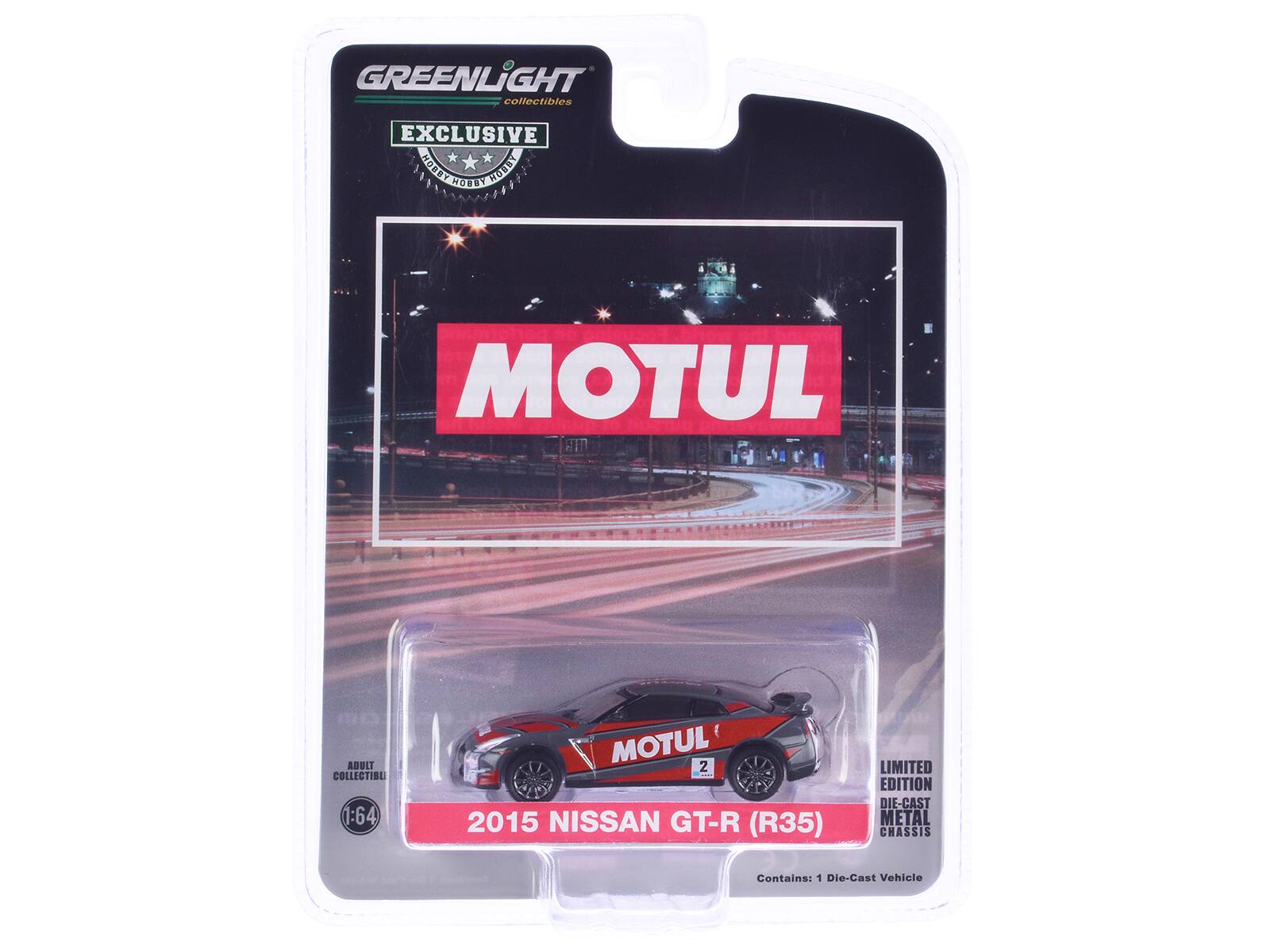 GREENLIGHT collectibles  
EXCLUSIVE  
MOTUL  
2015 NISSAN GT-R (R35)  
LIMITED EDITION  
DIE-CAST METAL CHASSIS  
Contains: 1 Die-Cast Vehicle  
ADULT COLLECTIBLE  
1:64