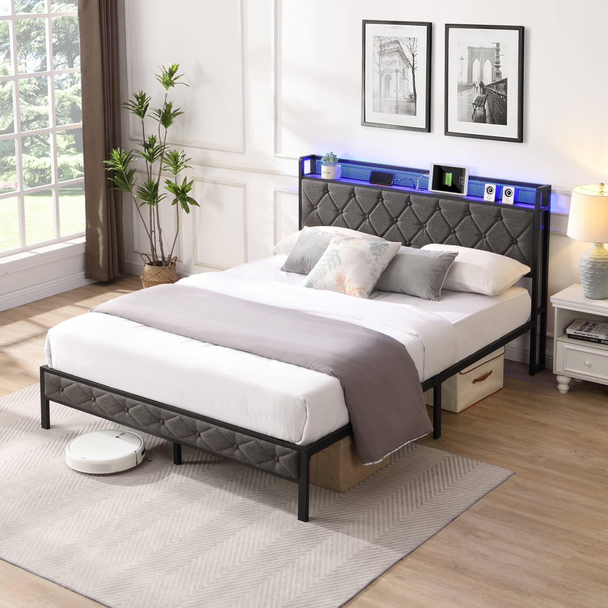 Alt View 10. Boyel Living - Full Size Upholstered Platform Bed with LED Headboard Charging Station and Noise Free Metal Slats - Gray.