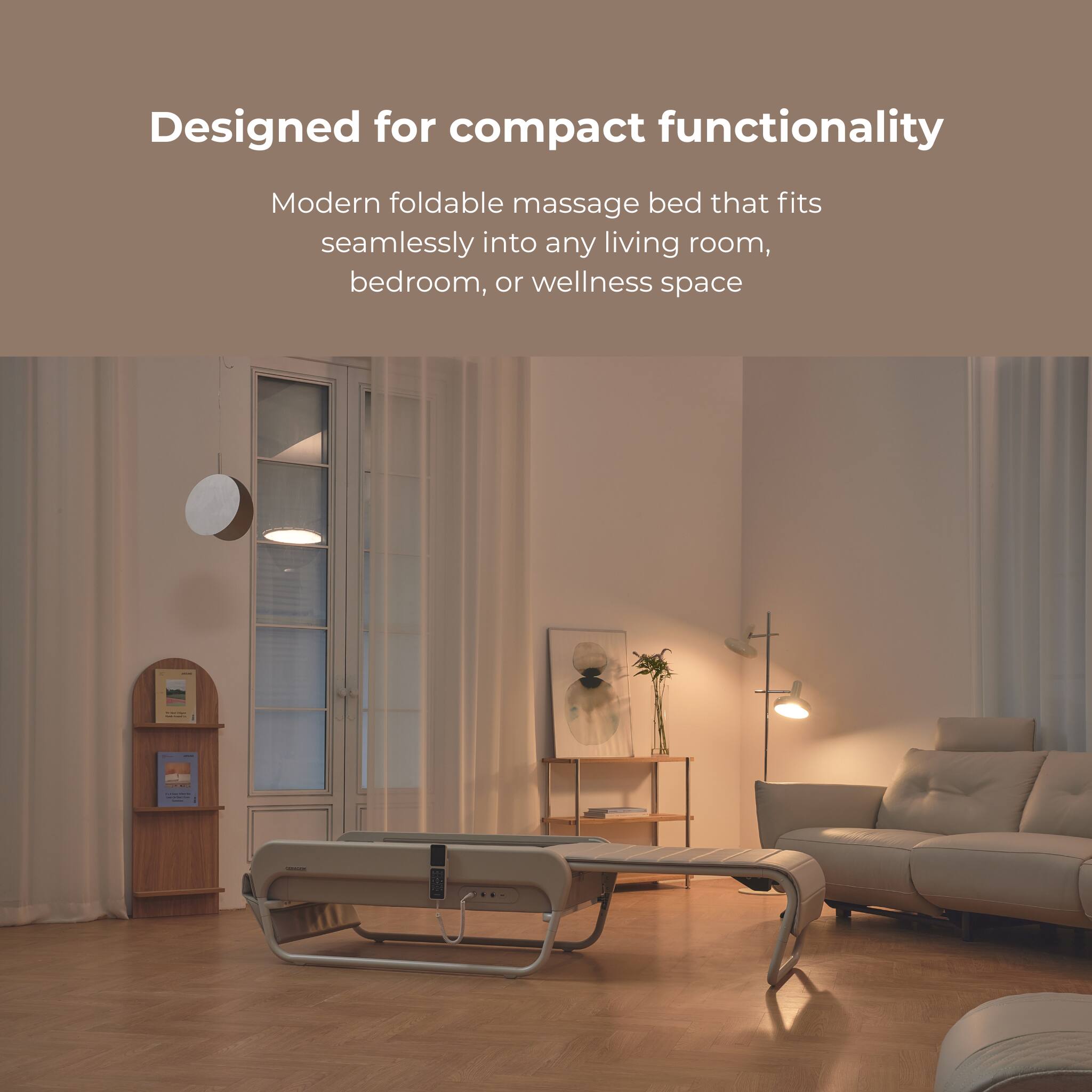 Designed for compact functionality
Modern foldable massage bed that fits seamlessly into any living room, bedroom, or wellness space
