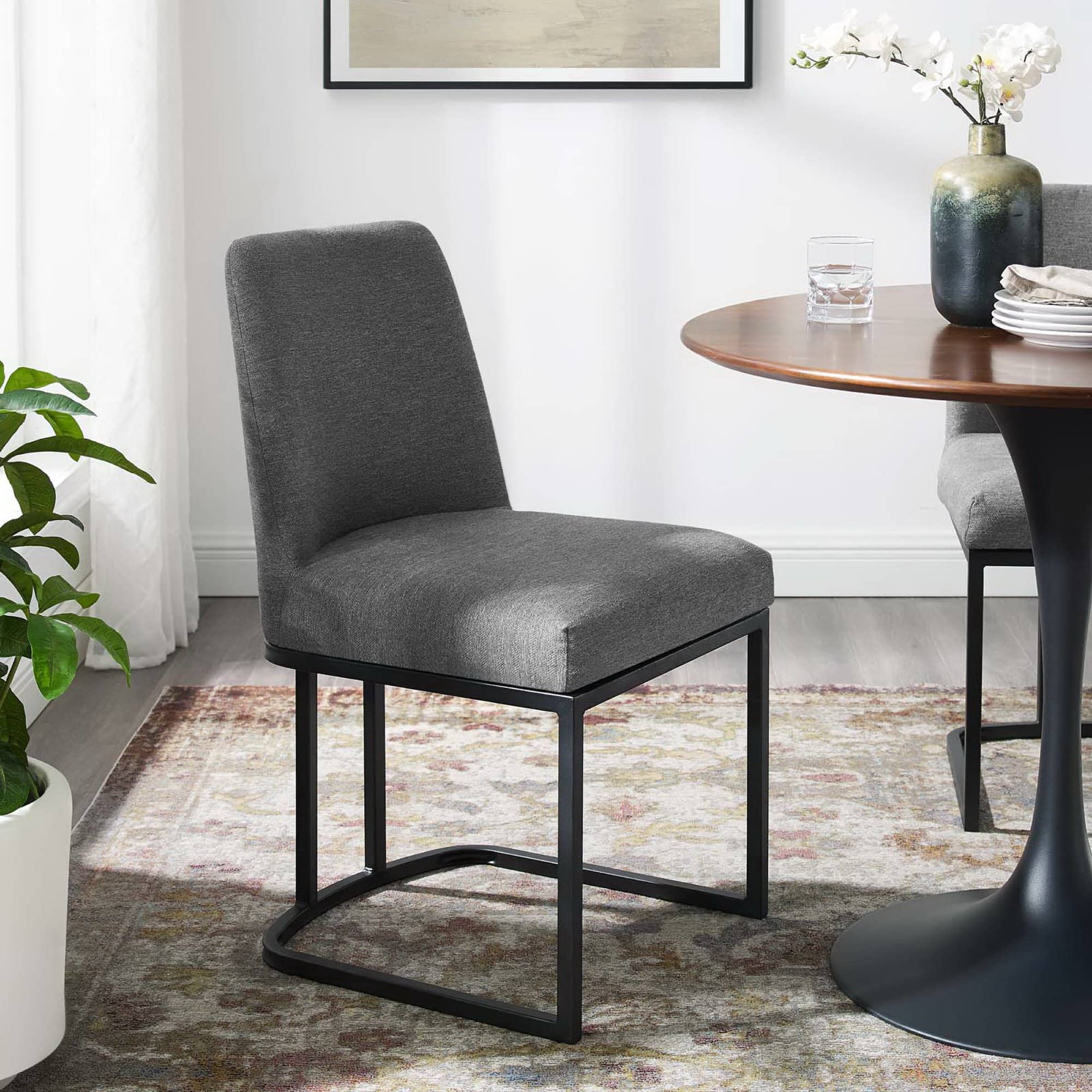 Amplify Sled Base Upholstered Fabric Dining Side Chair by Modway - Black Charcoal