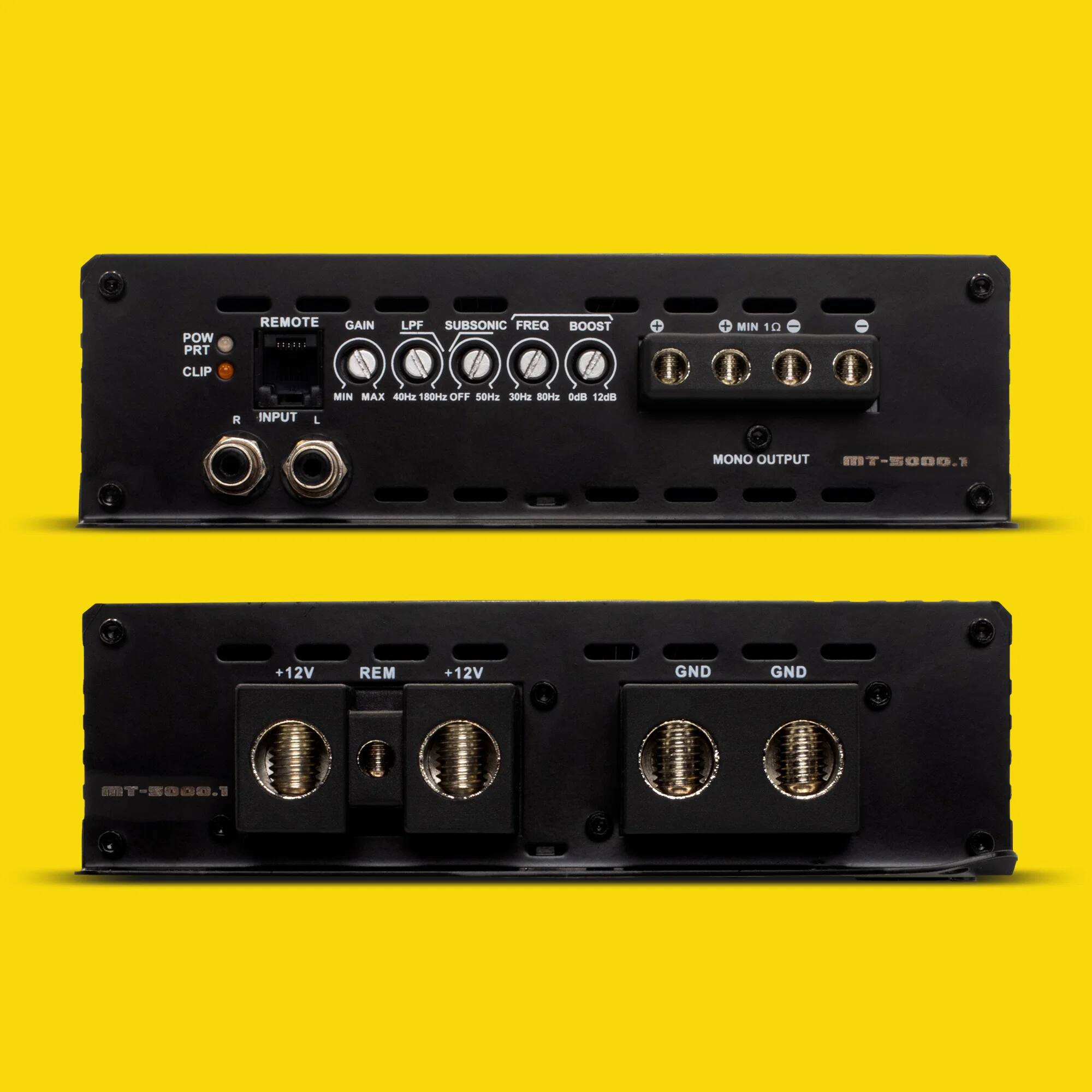 POW PRT CLIP  
REMOTE  
GAIN  
LPF  
SUBSONIC  
FREQ  
BOOST  
MIN 10  
MAX 10  
40Hz-180Hz OFF  
50Hz 30Hz  
MONO OUTPUT  
MT-3000.1  

R INPUT L  
+12V REM +12V  
GND GND