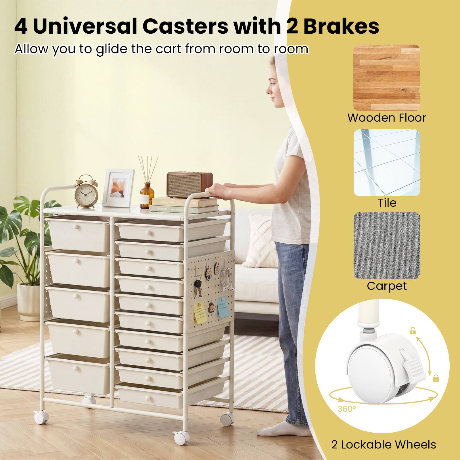 4 Universal Casters with 2 Brakes Allow you to glide the cart from room to room. Wooden Floor, Tile, Carpet. 360° 2 Lockable Wheels