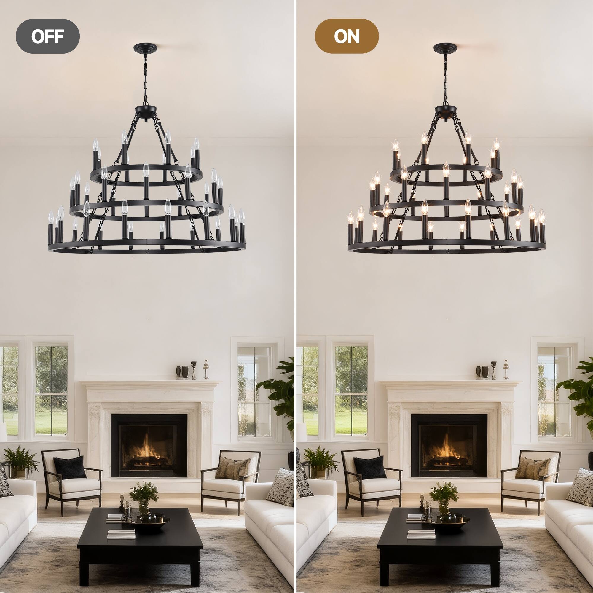 Alt View 5. Boyel Living - 39.37 Inch 3 Tiers Wagon Wheel Chandelier Farmhouse 36 Light 8 12 16 Black Metal Chandeliers.