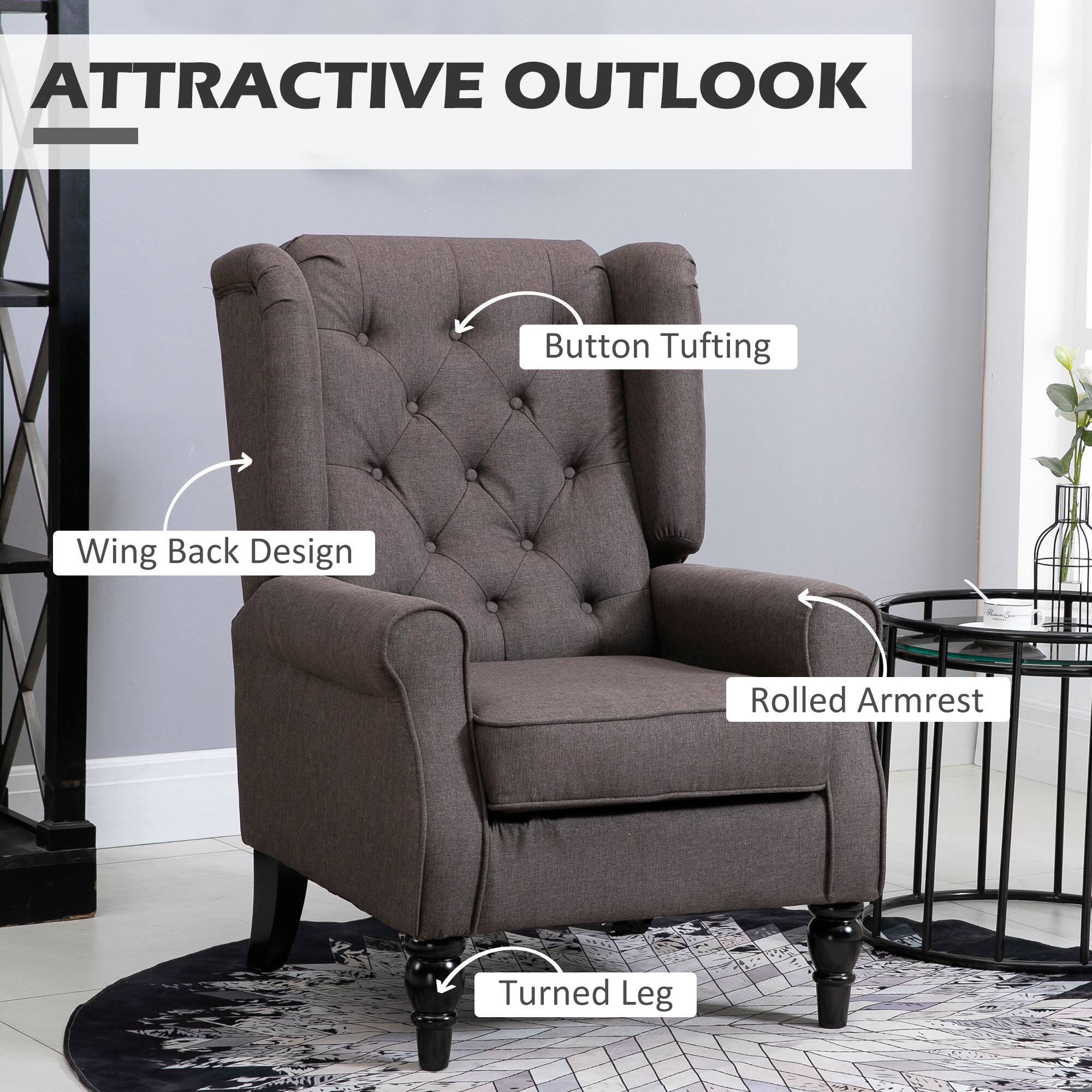 Attractive Outlook

Button Tufting
Wing Back Design
Rolled Armrest
Turned Leg