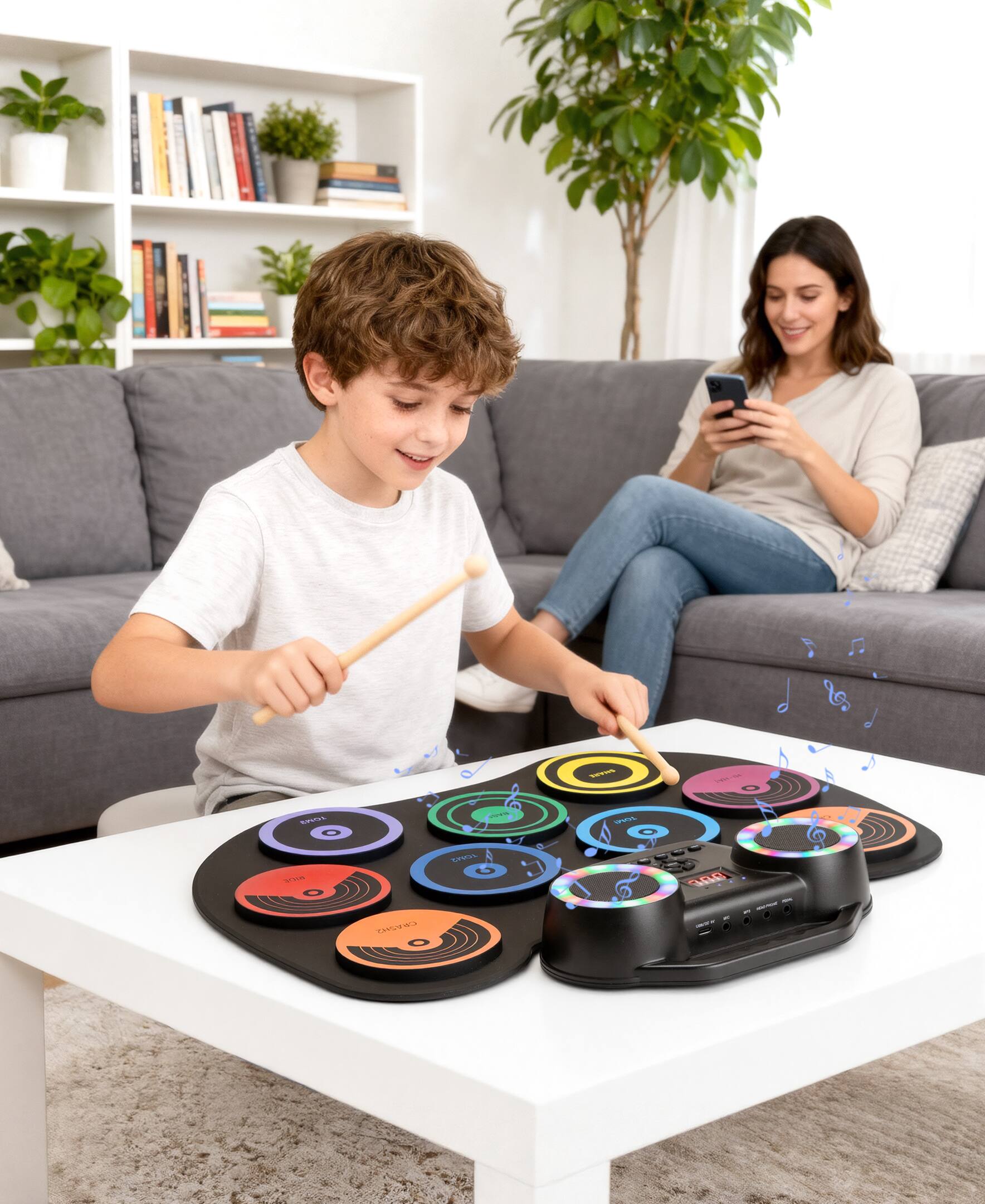 Alt View 6. Sugift - Colorful Roll-Up Electronic Drum Set with Flashing Lights, Dual Speakers & Headphone Jack for Kids - Black.