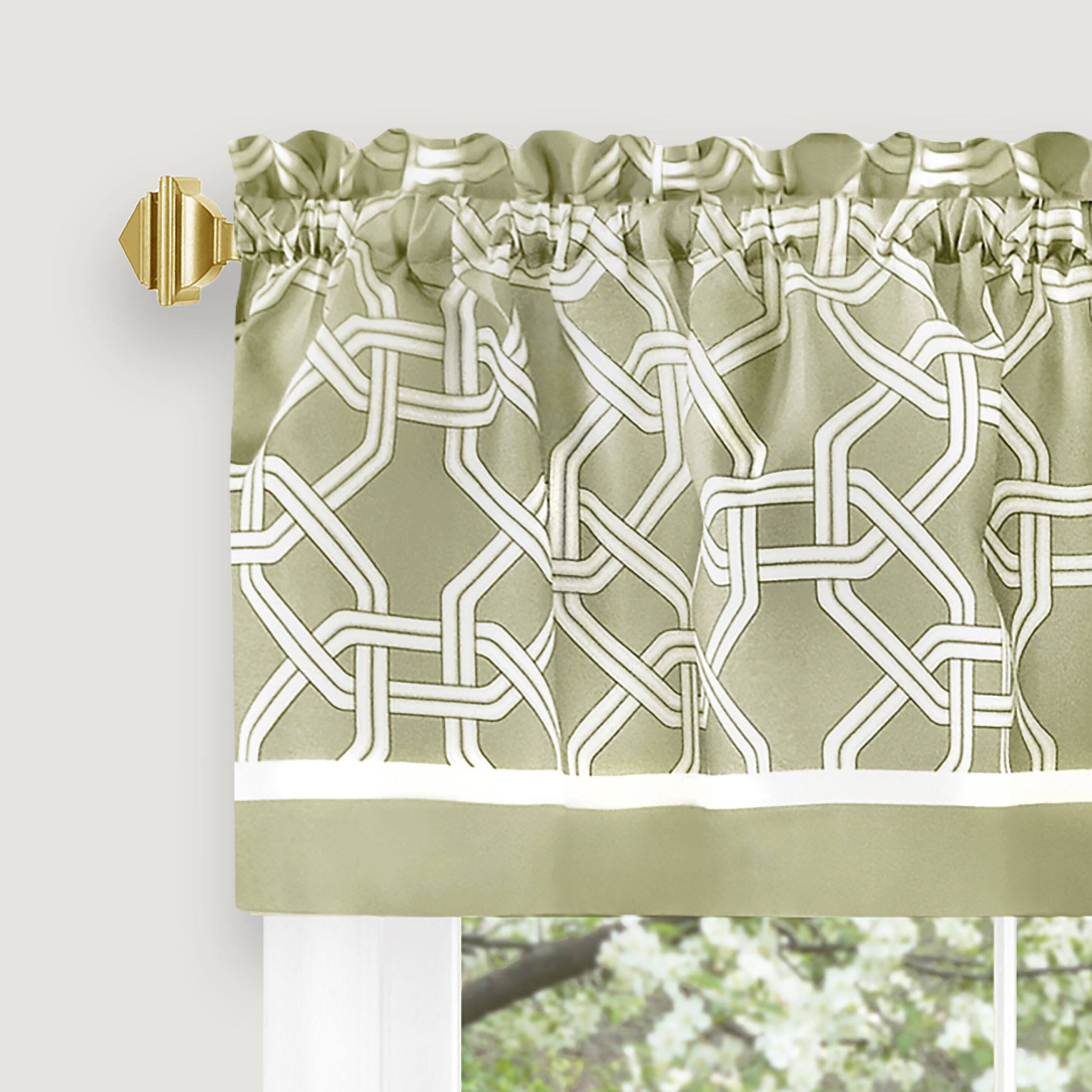 Left. Kate Aurora - Kate Aurora Geometric Crescent 3 Piece Rod Pocket Cafe Kitchen Curtain Tier & Valance Set - 24 in. Long - Green - Green.