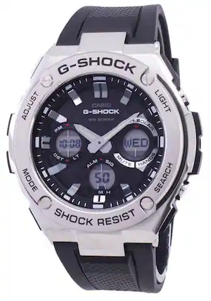 G-SHOCK ADJUST G-SHOCK CASIO LIGHT WR 20BAR PM SOLAR 10:08 WED DST LT HANDS ALM SIG MUTE MODE 50 SEARCH LMH SHOCK RESIST