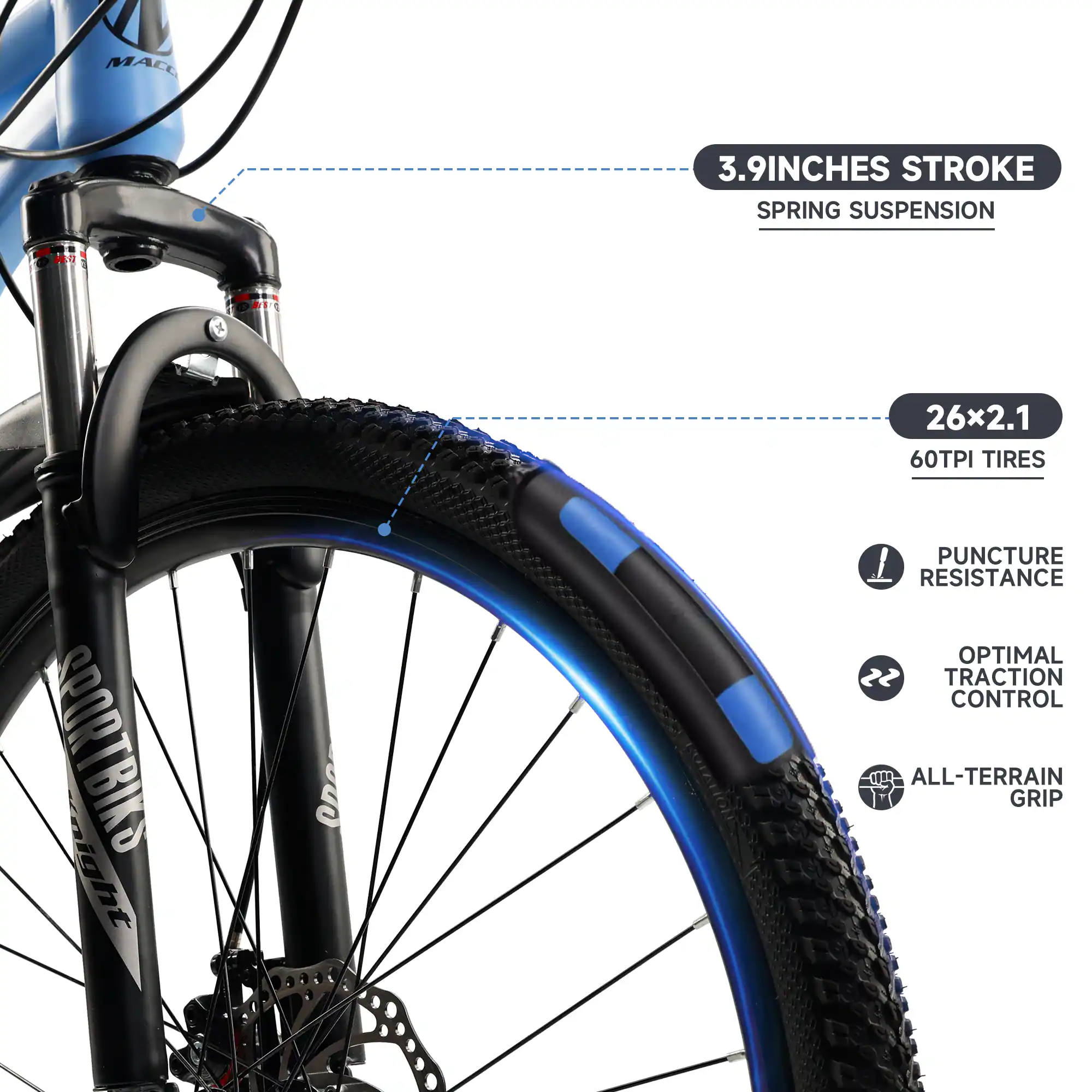 MACO Cm 3.9INCHES STROKE SPRING SUSPENSION 26x2.1 60TPI TIRES SPORTBIK aight S PUNCTURE RESISTANCE OPTIMAL TRACTION CONTROL ALL-TERRAIN GRIP