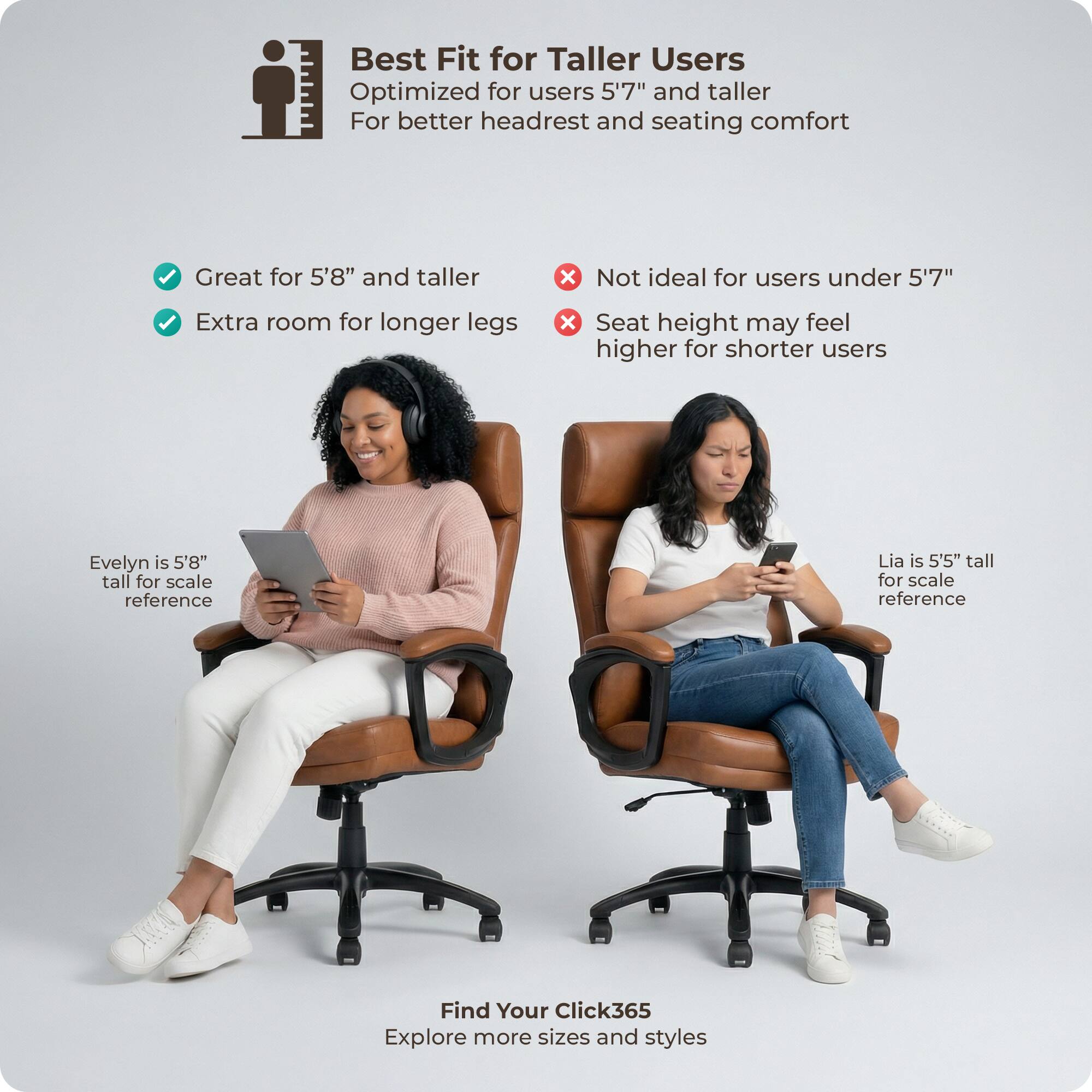 Best Fit for Taller Users  
Optimized for users 5'7" and taller  
For better headrest and seating comfort  

Great for 5'8" and taller  
Extra room for longer legs  

Not ideal for users under 5'7"  
Seat height may feel higher for shorter users  

Evelyn is 5'8" tall for scale reference  
Lia is 5'5" tall for scale reference  

Find Your Click365  
Explore more sizes and styles