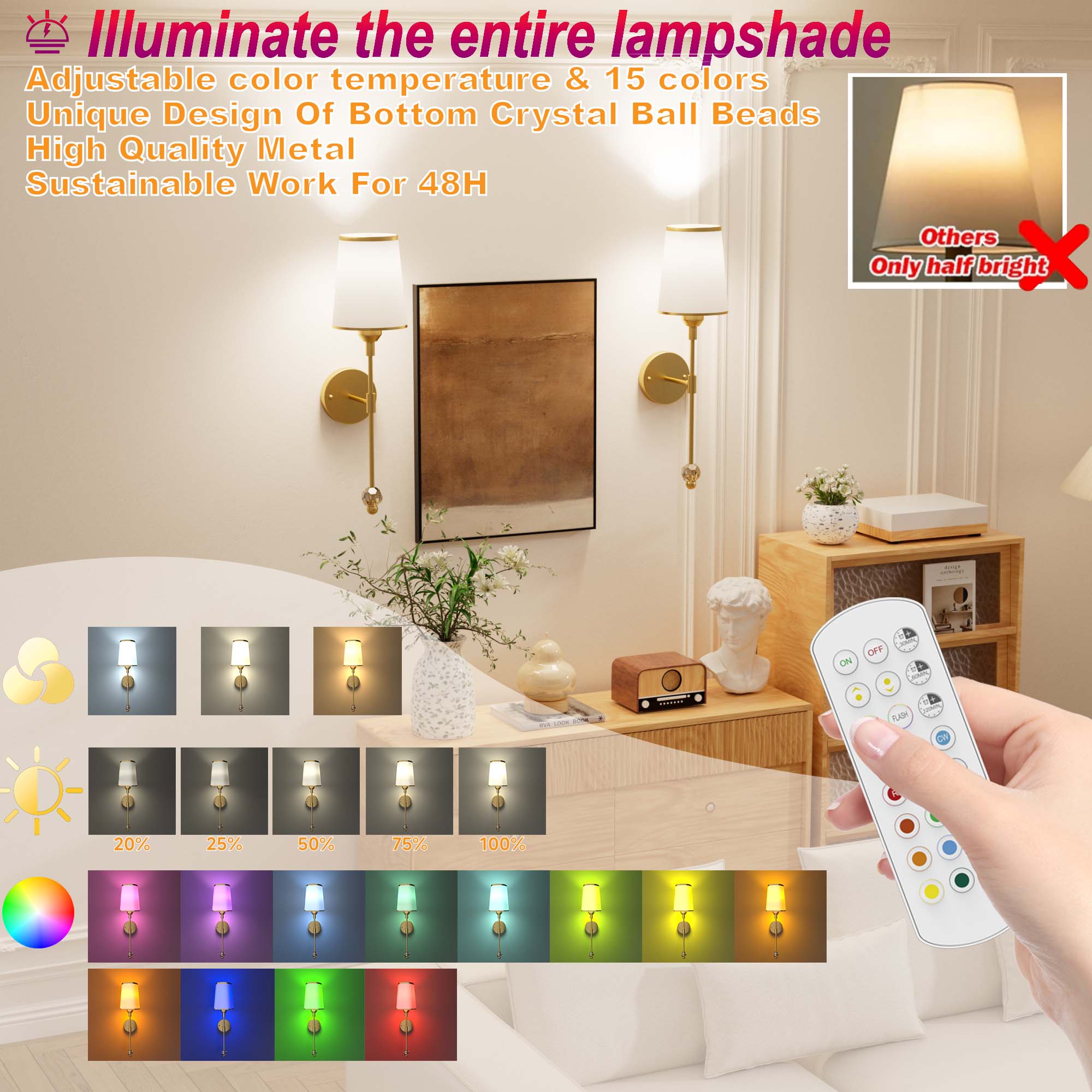 - Illuminate the entire lampshade
- Adjustable color temperature & 15 colors
- Unique Design Of Bottom Crystal Ball Beads
- High Quality Metal
- Sustainable Work For 48H
- Others Only half bright
- ON OFF
- 20% 25% 50% 75% 100%