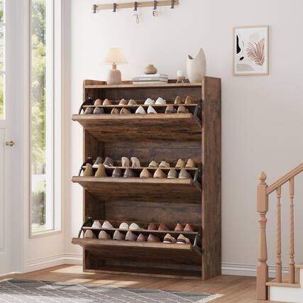 Front. Babevy - Shoe Cabinet with 3 Flip Drawers, Wooden Shoe Organizer with Adjustable Shelf, Shoe Storage for Entryway - Brown.