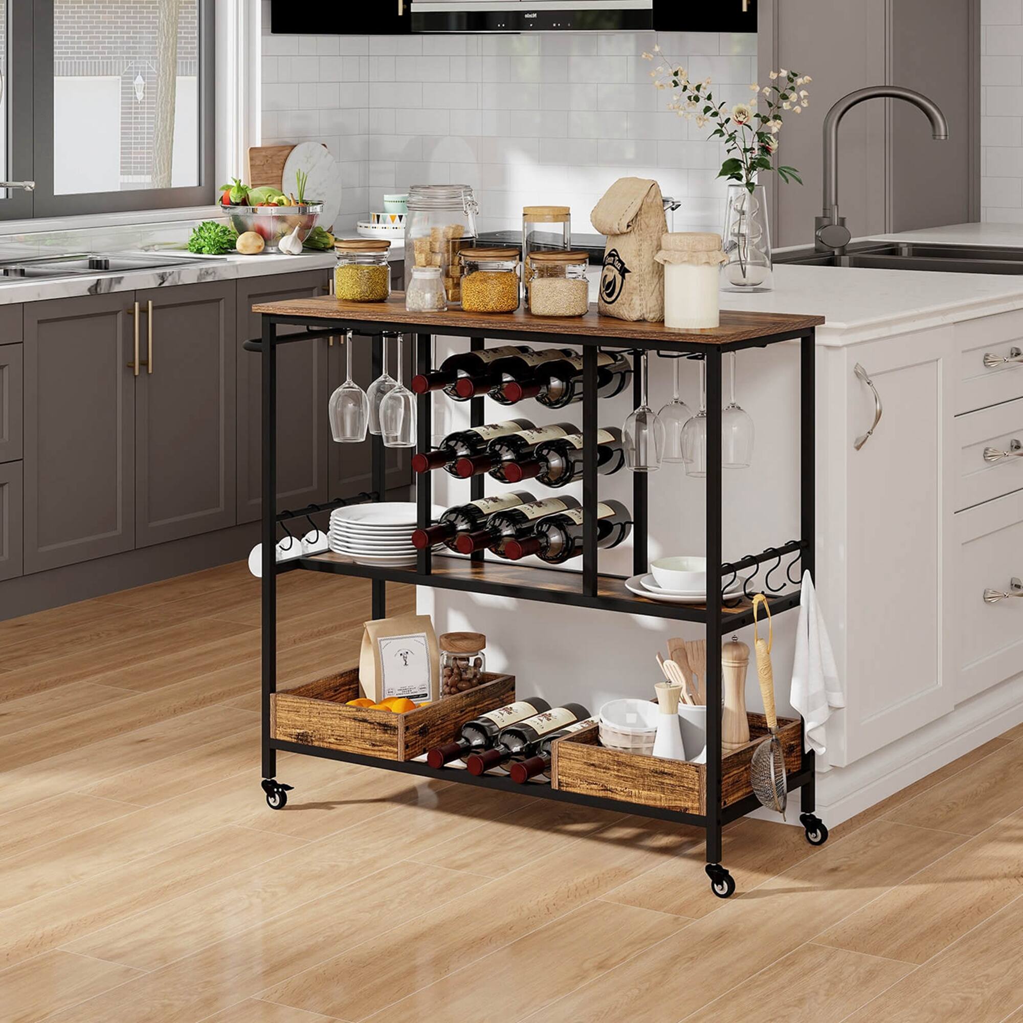 Alt View 3. Costway - Costway 3 Tiers Bar Cart Home Serving Cart on Wheels with Glass Racks Wine Holders - Rustic Brown.
