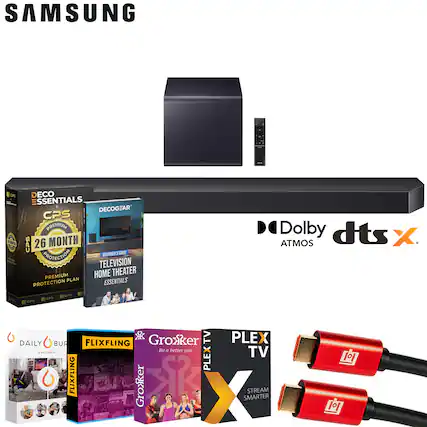 SAMSUNG OPS ECO ESSENTIALS + DECOGEAR CPS PREMIUM 30 CPS 26 MONTH PROTECTION REGINIER'S BURDE TELEVISION PREMIUM HOME THEATER PLAN ESSENTIALS PROTECTION Dolby dts X ATMOS Es eUs - DAILY BUR FLIXFLING Groxker TV PLEX Be a betteryou TV . E.i.. ... SCRA PLEX FLIXFLING q PR Groxker STREAM X SMARTER