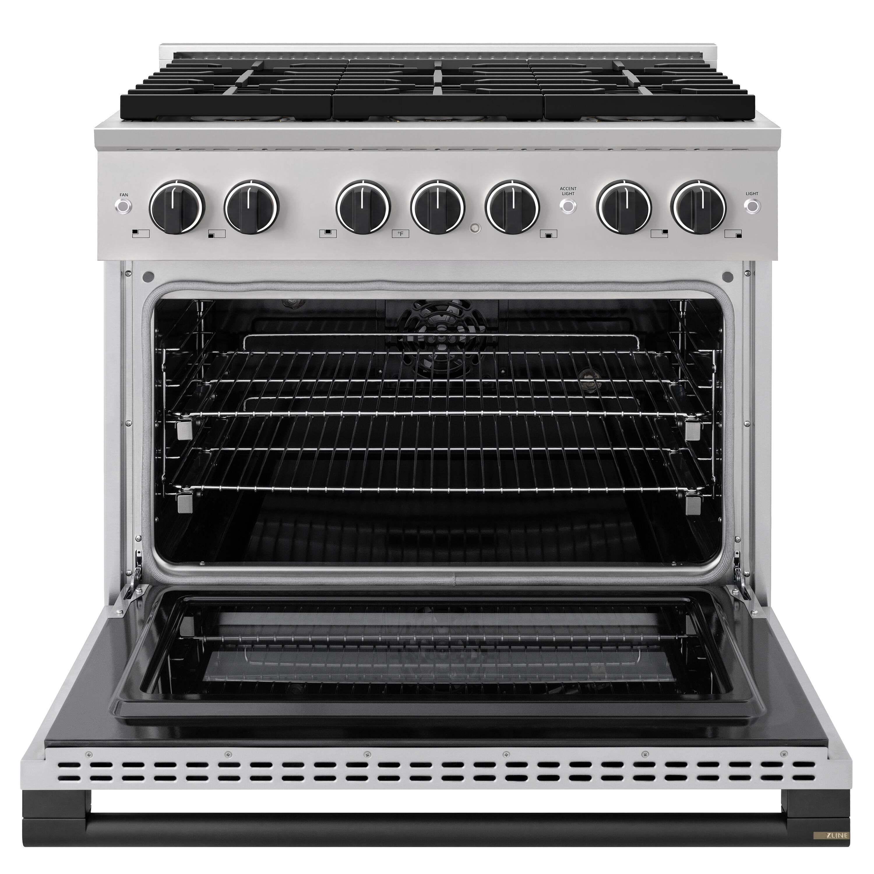 Angle. ZLINE - Autograph 36 in. 5.2 cu. ft. Marino Freestanding DuoPro Dual Fuel Range with Convection Oven & Black Accents - Stainless Steel.