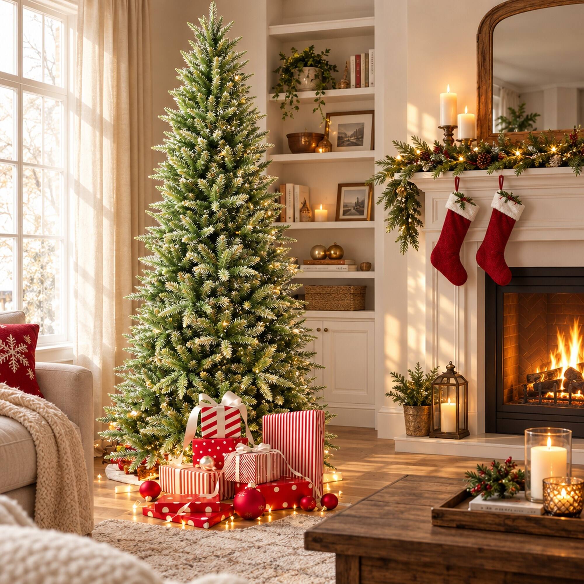 Angle. RYHNUYNE - 7FT Slim Artificial Christmas Tree With 1180 PE and PVC Tips and Hinged Branches, Metal Stand for Small Spaces - Green.