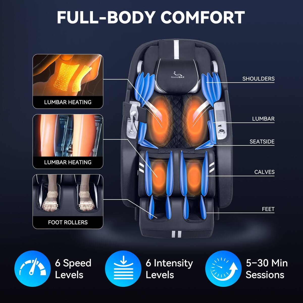 FULL-BODY COMFORT

MassaMAX

- SHOULDERS
- LUMBAR HEATING
- LUMBAR
- SEAT SIDE
- LUMBAR HEATING
- CALVES
- FEET
- FOOT ROLLERS

6 Speed Levels
6 Intensity Levels
5-30 Min Sessions