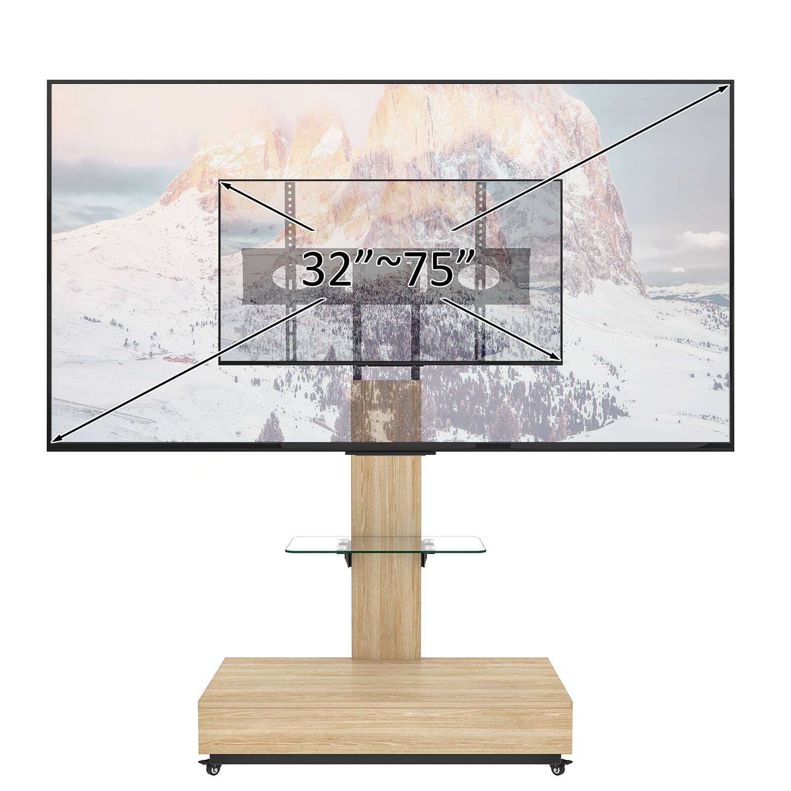 Alt View 8. Chateau Abodes - Adjustable Height Mobile TV Stand Cart for 32-75 inch TVs with Push-Pull Drawer, Wood & Glass Design on Wheels - Natural.