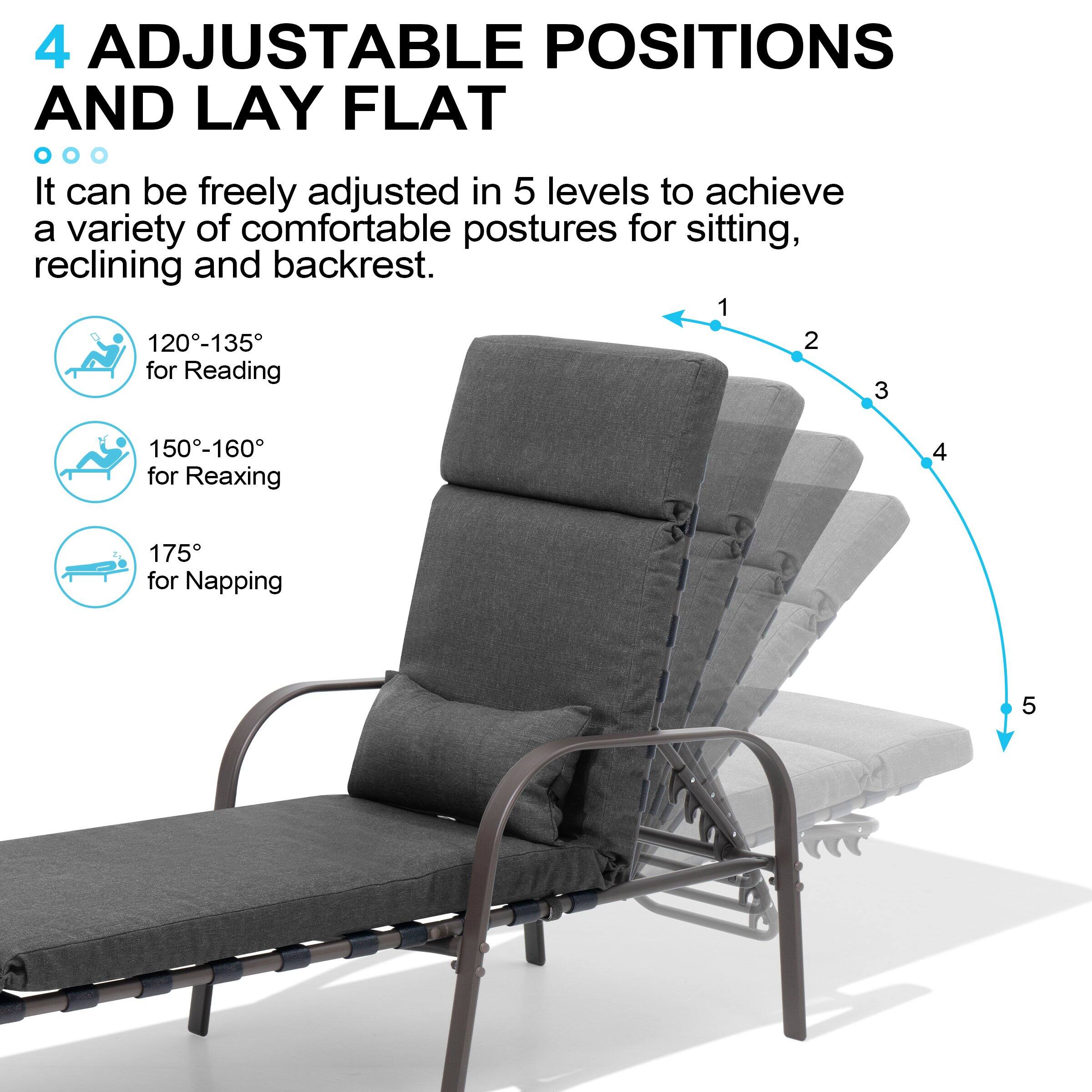 4 ADJUSTABLE POSITIONS AND LAY FLAT

It can be freely adjusted in 5 levels to achieve a variety of comfortable postures for sitting, reclining and backrest.

1. 120°-135° for Reading
2. 150°-160° for Relaxing
3. 175° for Napping