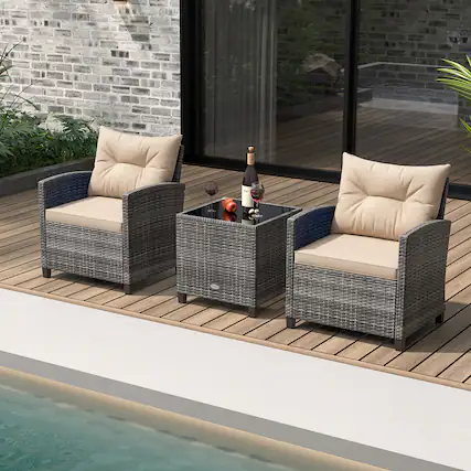 Front. Gymax - Gymax 3PCS Patio Rattan Furniture Bistro Set Cushioned Sofas Side Table Armrest - Grey.