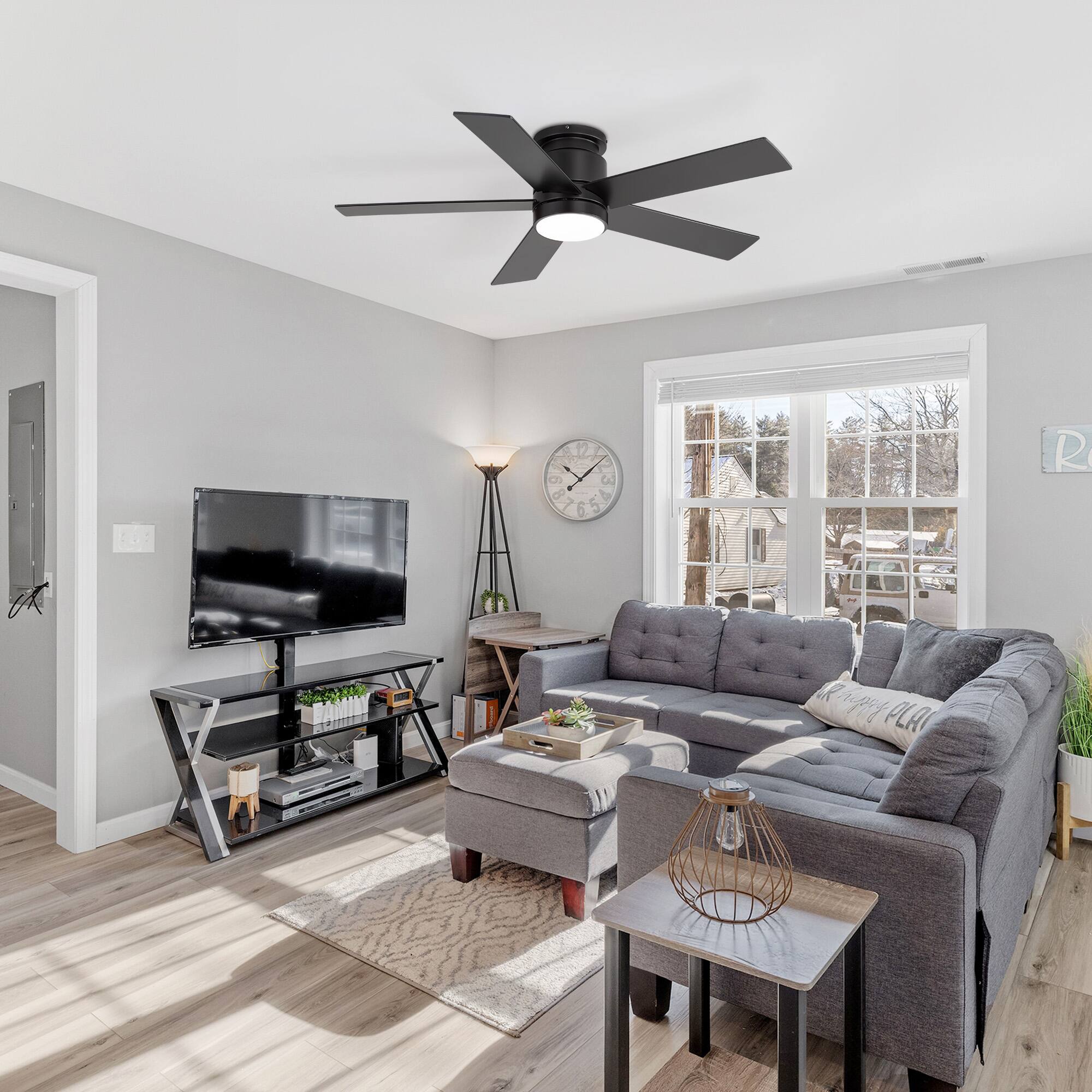 Back. Breezary - 42"/52" Flush Mount Low Profile Ceiling Fan with LED Light, 5 Blades, DC Motor, Remote Control and Timer, for Indoor Use - Black-42 in.