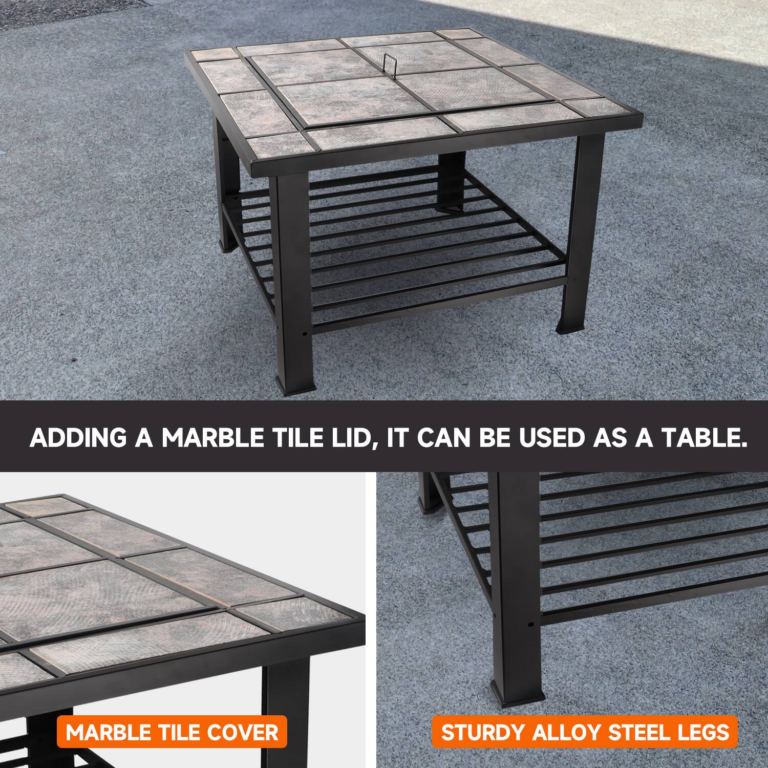ADDING A MARBLE TILE LID, IT CAN BE USED AS A TABLE. MARBLE TILE COVER STURDY ALLOY STEEL LEGS