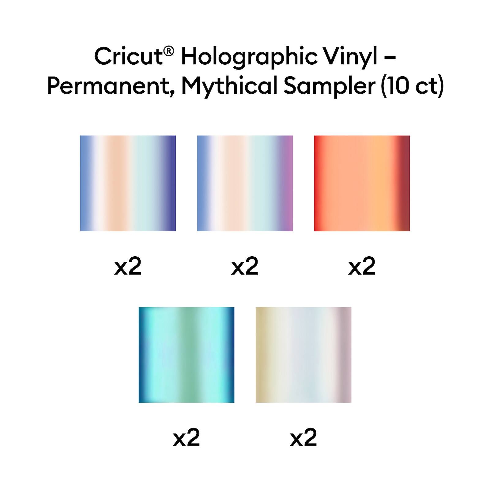 Cricut® Holographic Vinyl - Permanent, Mythical Sampler (10 ct)

- x2
- x2
- x2
- x2
- x2