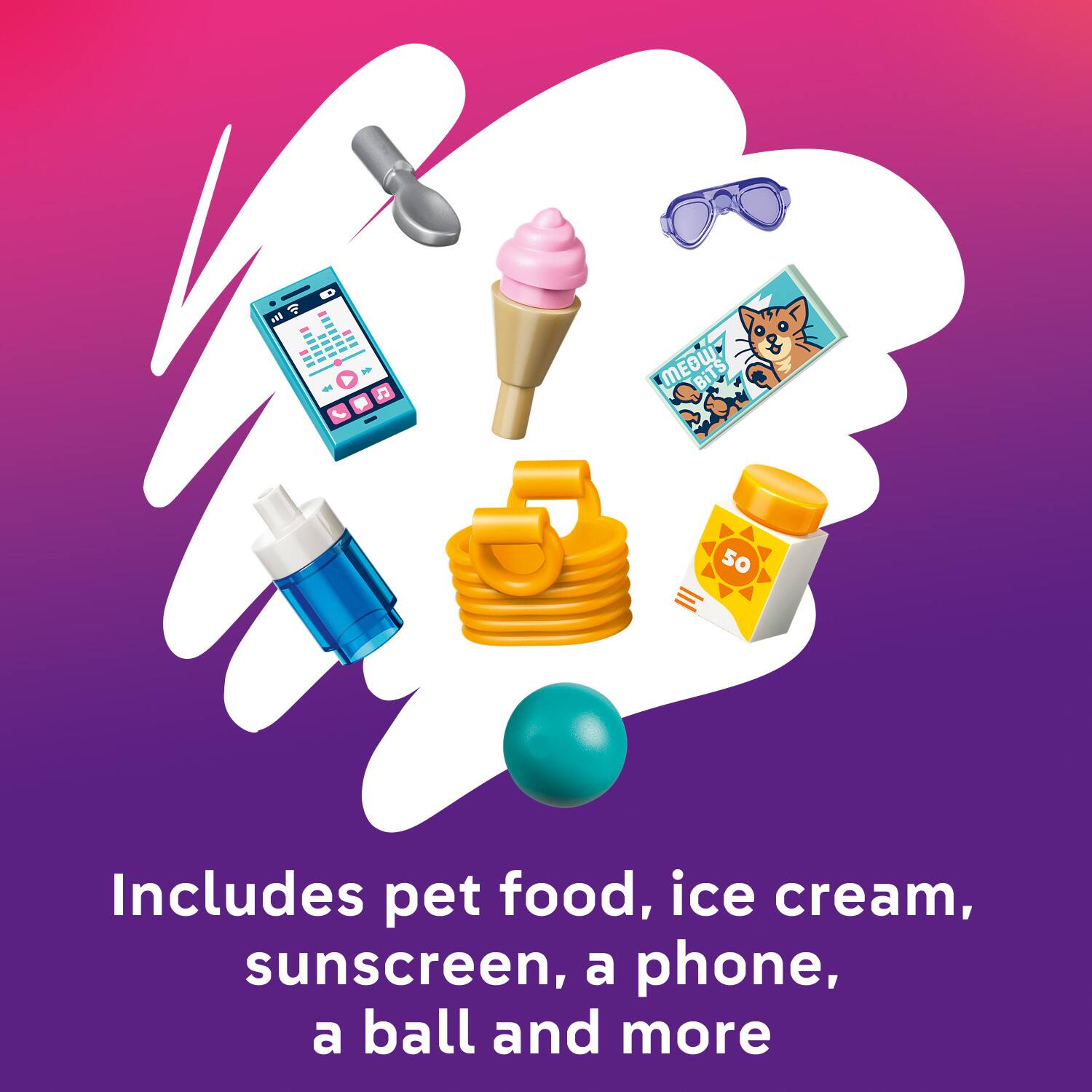 Bas - A MEOW BiTS 50 Includes pet food, ice cream, sunscreen, a phone, a ball and more