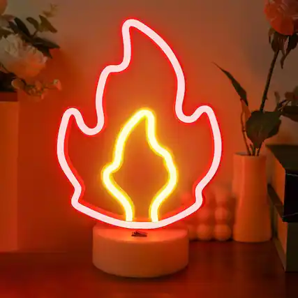 Front. MOSZAR LLC - Fire Flame Neon Sign with Base, USB & Battery Powered LED Light for Room, Party, and Holiday Decor - Red.