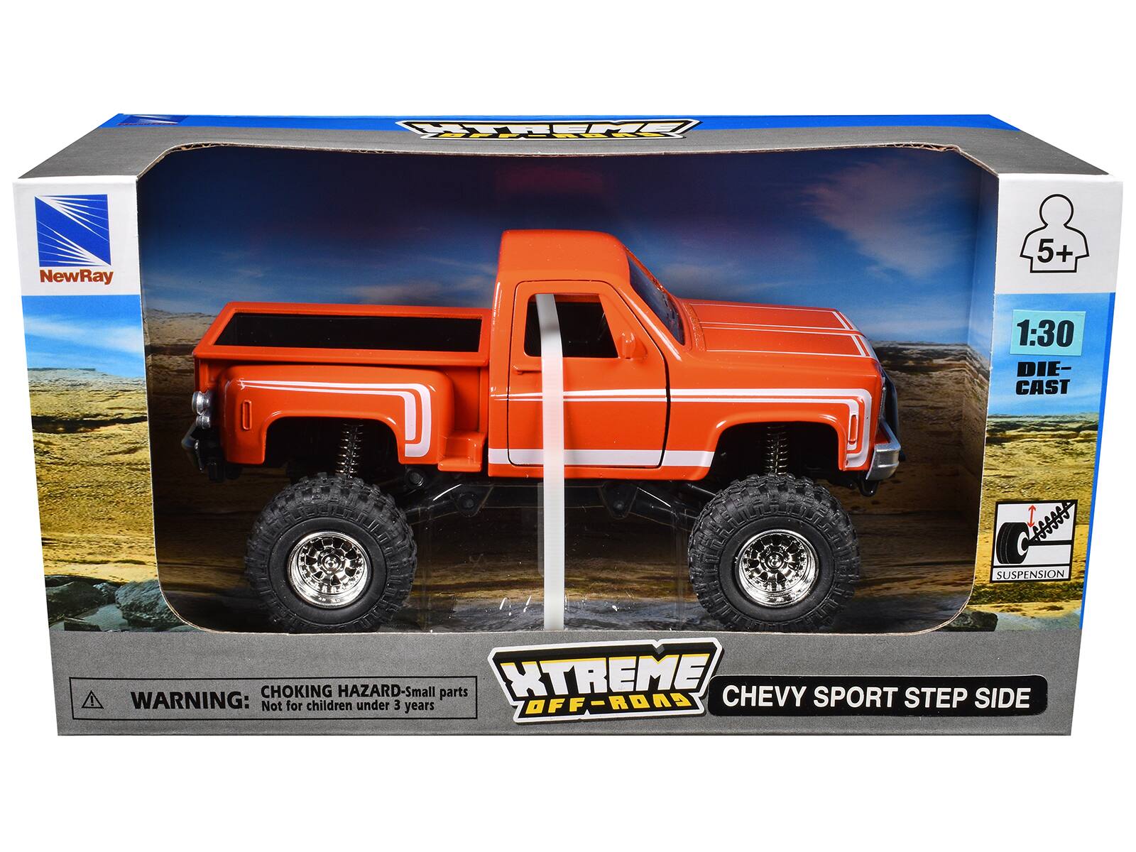 Sure, here is the corrected and grouped text from the image:

---

**NewRay**

**XTREME OFF-ROAD**

**CHEVY SPORT STEP SIDE**

**1:30 DIE-CAST**

**SUSPENSION**

**WARNING: CHOKING HAZARD - Small parts Not for children under 3 years**

**5+**

---

This text is organized to reflect the information on the packaging.