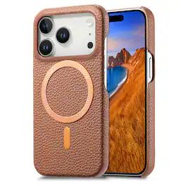 Dteck - Lychee Texture Case for Apple iPhone 17 Pro, Premium PU Leather Magnetic Shockproof Hard PC Cover with Raised Edges - Brown