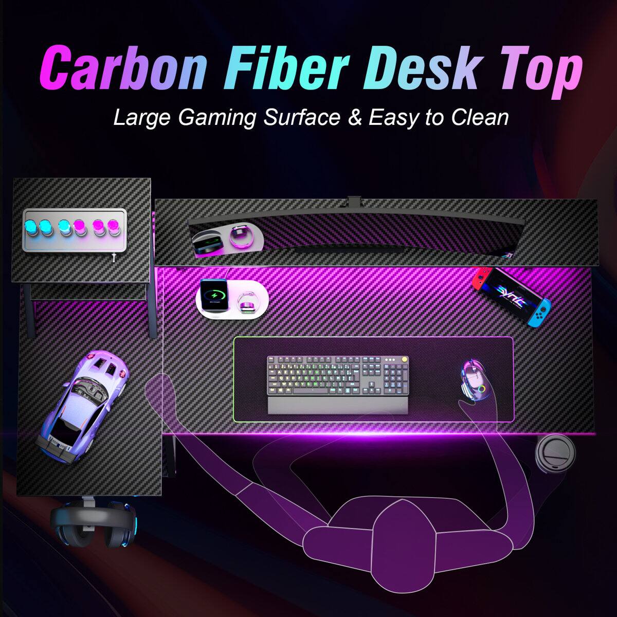 Carbon Fiber Desk Top Large Gaming Surface & Easy to Clean