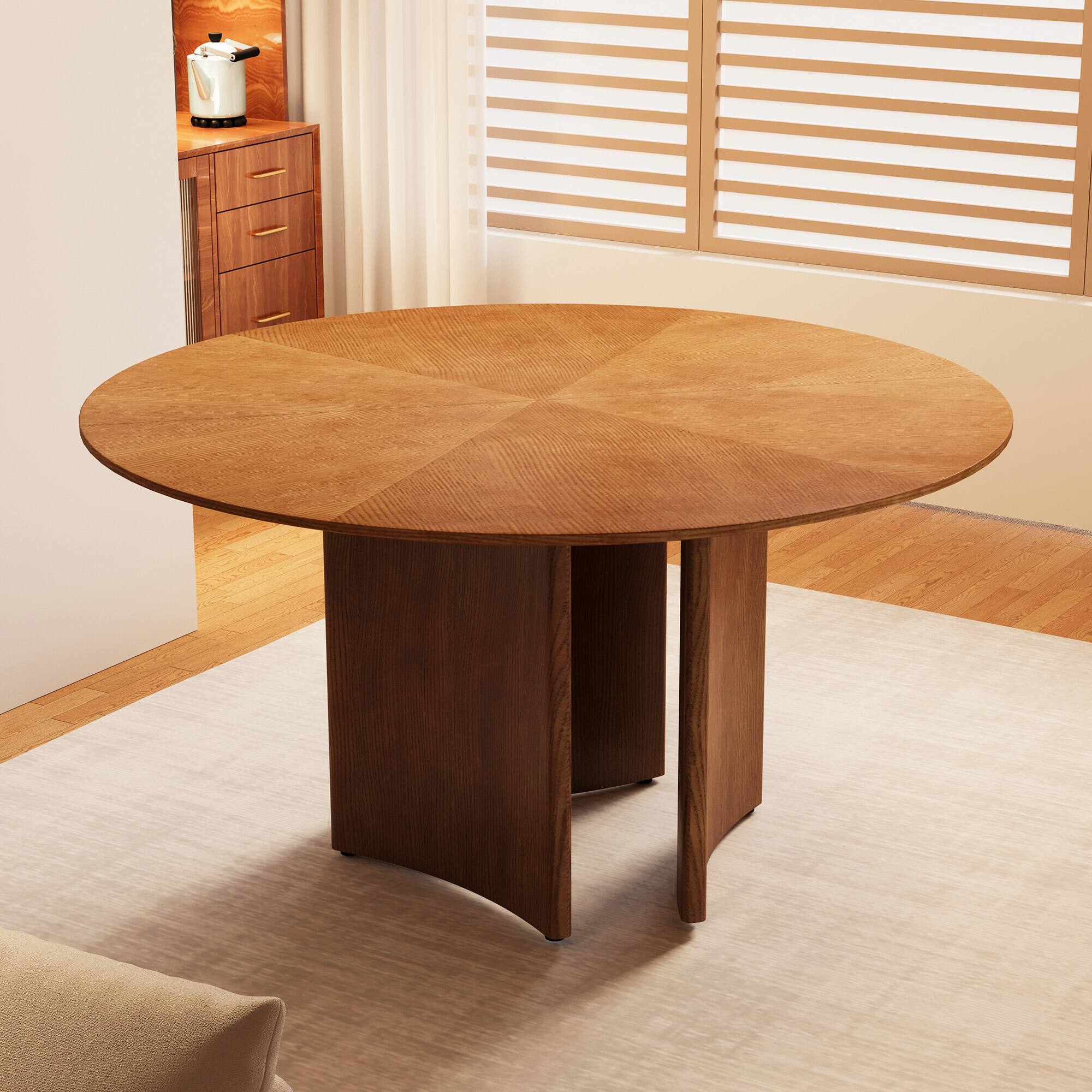 Alt View 1. luck idea - Modern 59" Round Dining Table, Wood Veneer Starburst Top, Contemporary Pedestal Base Dining Room Table - Walnut color.