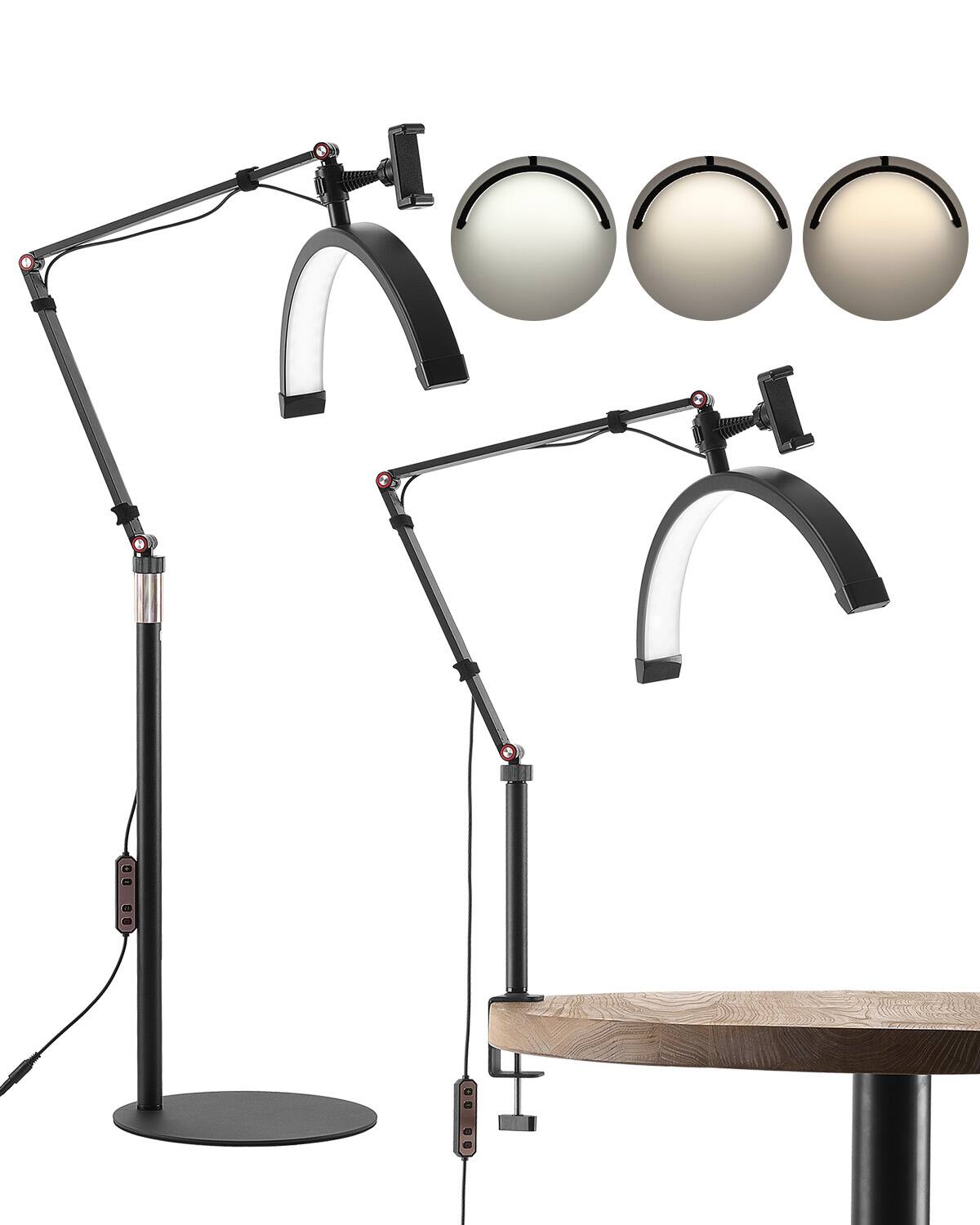 Front. VEVOR - Half Moon Light for Esthetician, 2 in 1 LED Floor and Desk Lamp Lash Light for Eyelash Extensions, Arched Eyelash Lamp - Black.