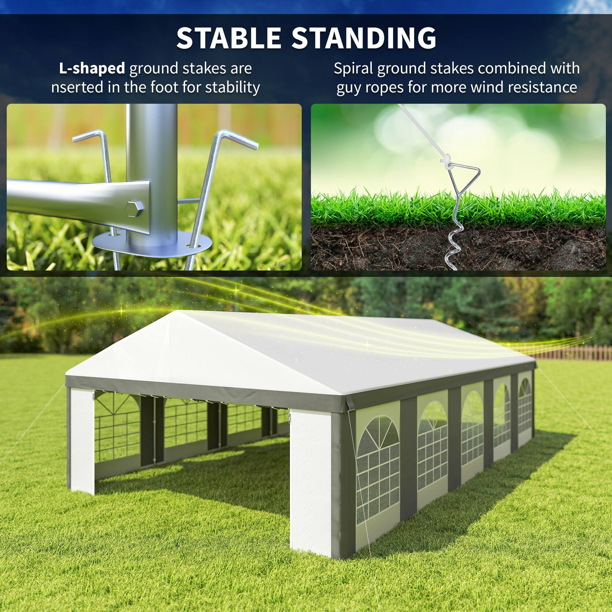 STABLE STANDING

L-shaped ground stakes are inserted in the foot for stability

Spiral ground stakes combined with guy ropes for more wind resistance