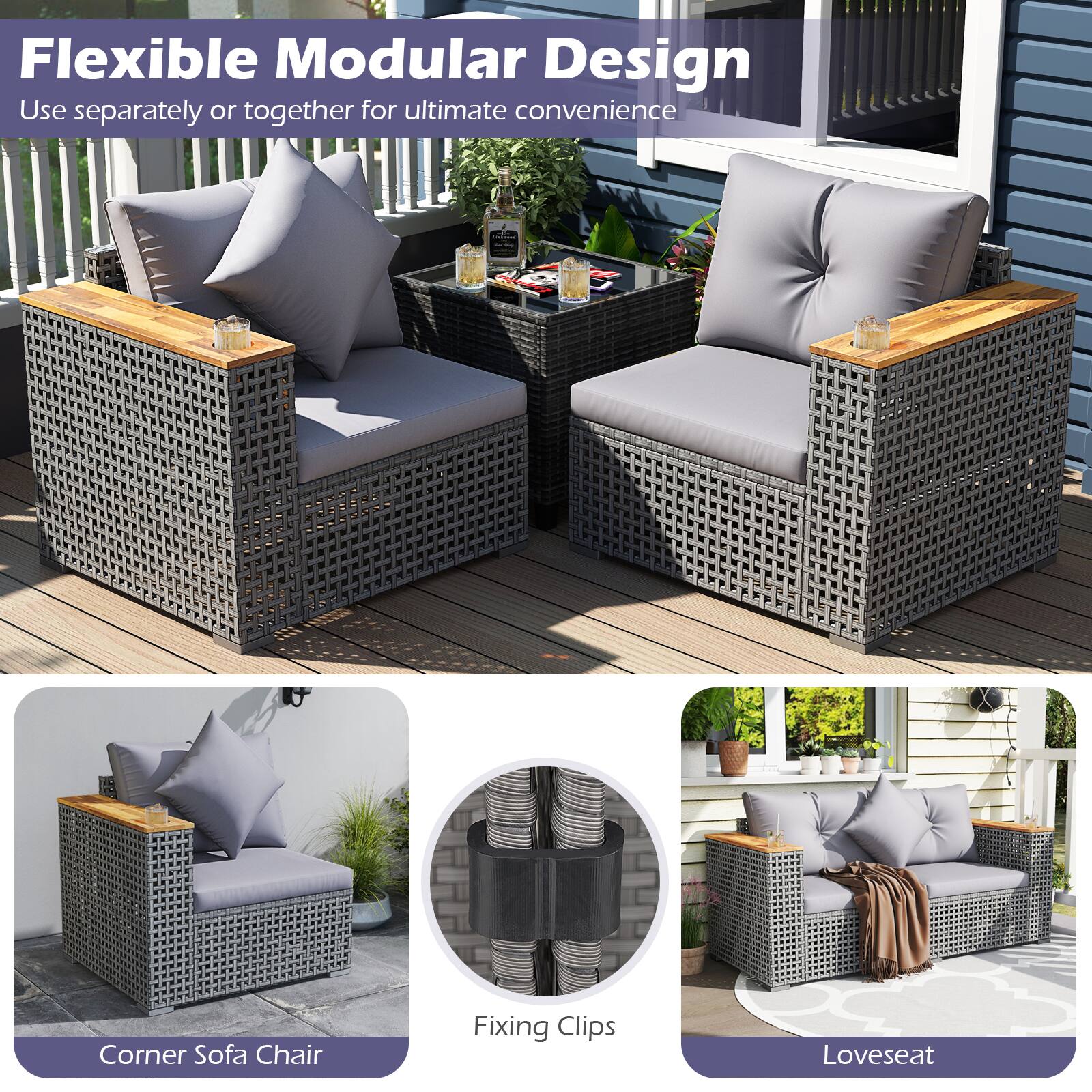 Flexible Modular Design  
Use separately or together for ultimate convenience  

Corner Sofa Chair  
Fixing Clips  
Loveseat