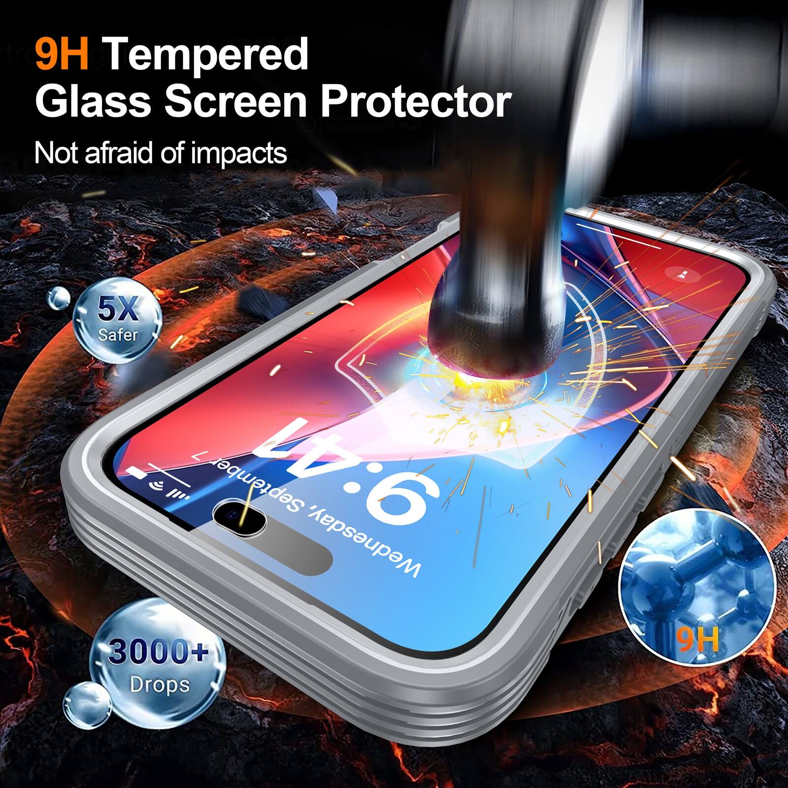 9H Tempered Glass Screen Protector  
Not afraid of impacts  
5X Safer  
3000+ Drops  
9H