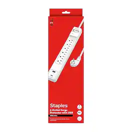 Staples TECH - 6-Outlet 2-USB Port Surge Protector, 6', 1800 Joules, (ST62777) - White