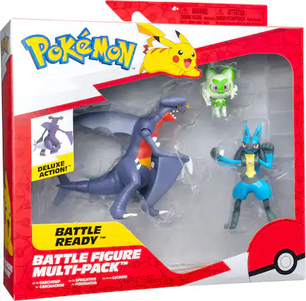 4+ WARNING: ATTENTION: CHOKING HAZARD Small parts. Not for children under 3 years. Danger d'étouffement. Ne convient pas aux enfants de moins de 3 ans.
Pokémon™
DELUXE ACTION!™
BATTLE READY™
BATTLE FIGURE MULTI-PACK™
- GARCHOMP (CARCHACROK)
- SPRIGATITO (POUSSACHA)
- LUCARIO
