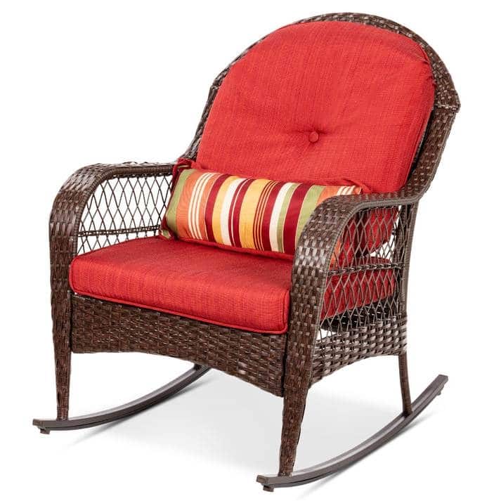 Hivvago - Outdoor Patio Brown Wicker Rocking Chair with Red Cushions and Accent Pillow - Brown and Red
