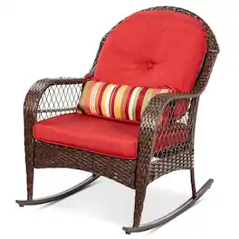 Hivvago - Outdoor Patio Brown Wicker Rocking Chair with Red Cushions and Accent Pillow - Brown and Red