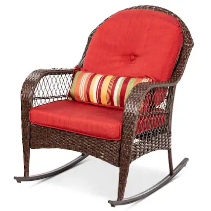 Front. Hivvago - Outdoor Patio Brown Wicker Rocking Chair with Red Cushions and Accent Pillow - Brown and Red.