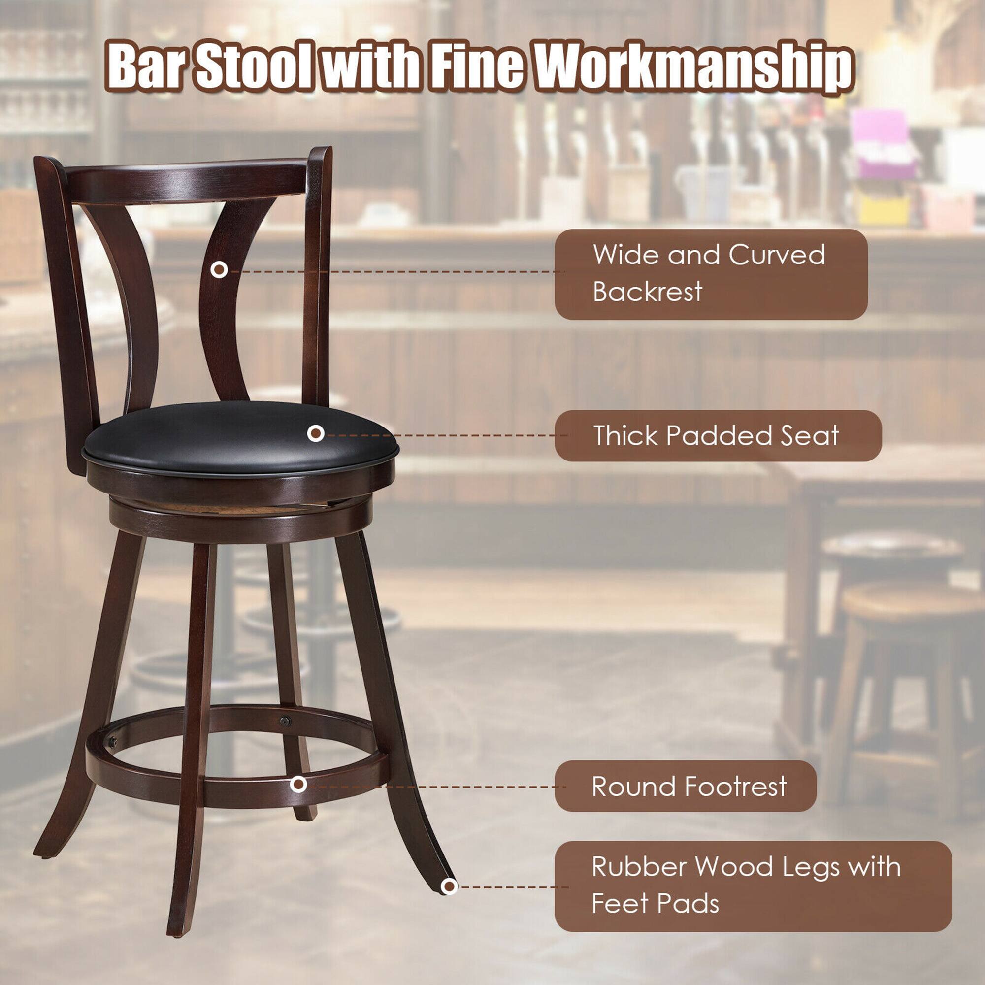 Bar Stool with Fine Workmanship

- Wide and Curved Backrest
- Thick Padded Seat
- Round Footrest
- Rubber Wood Legs with Feet Pads