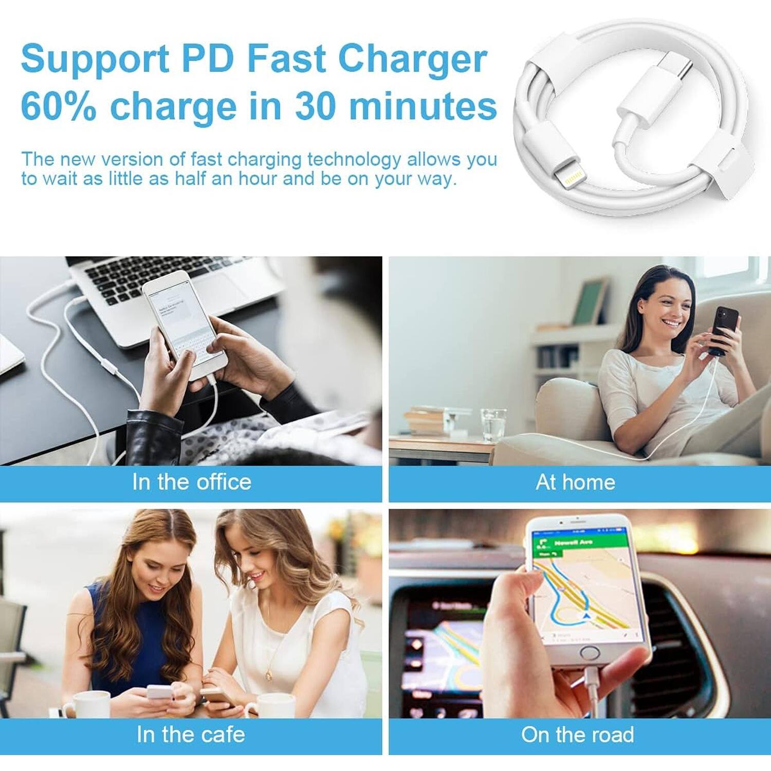 Support PD Fast Charger 60% charge in 30 minutes
The new version of fast charging technology allows you to wait as little as half an hour and be on your way.
In the office
At home
In the cafe
On the road