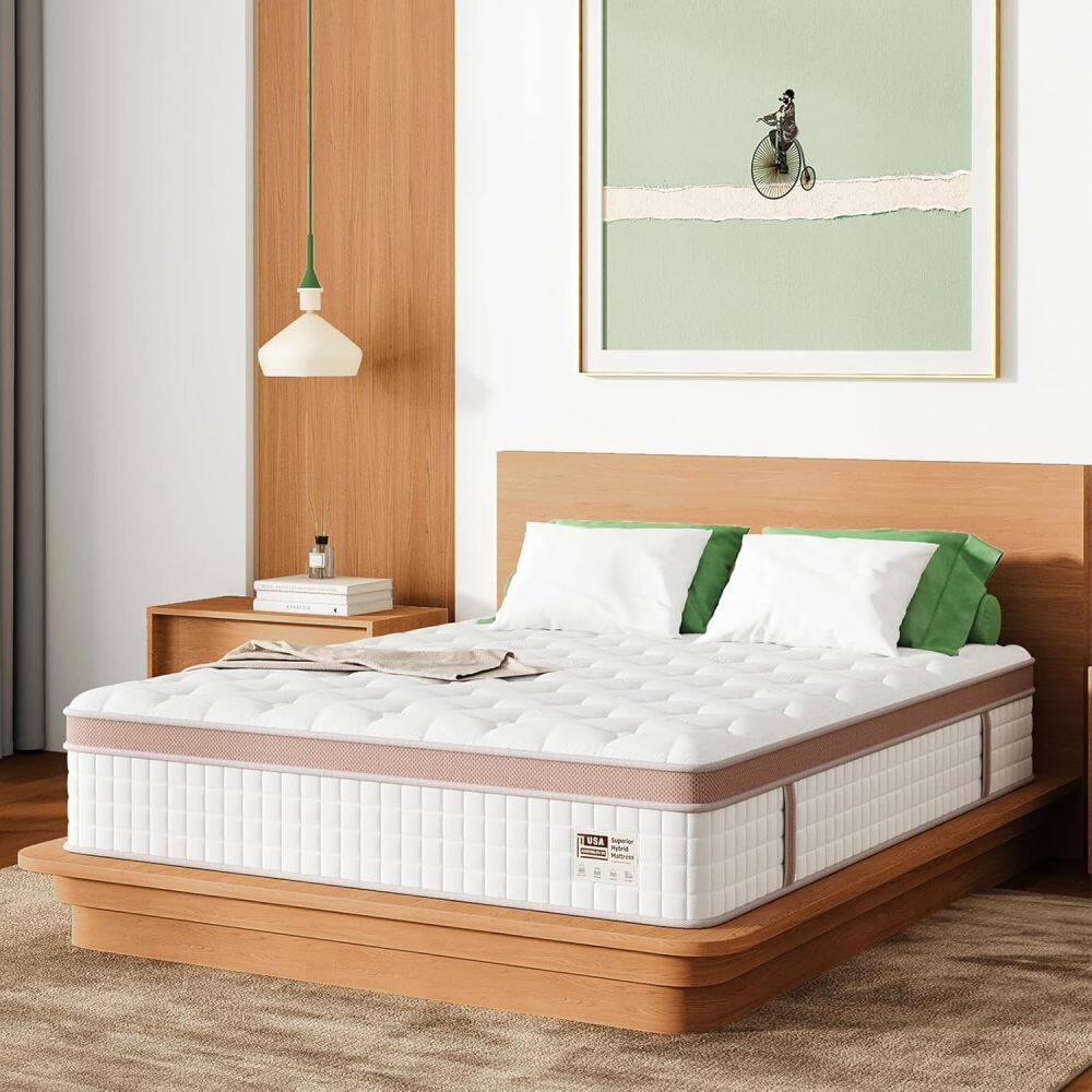 Left. PDTEND - Queen Size 12 in. Firm Hybrid Mattress with Gel Memory Foam & Pocket Springs - Pressure Relief & Motion Isolation - White.