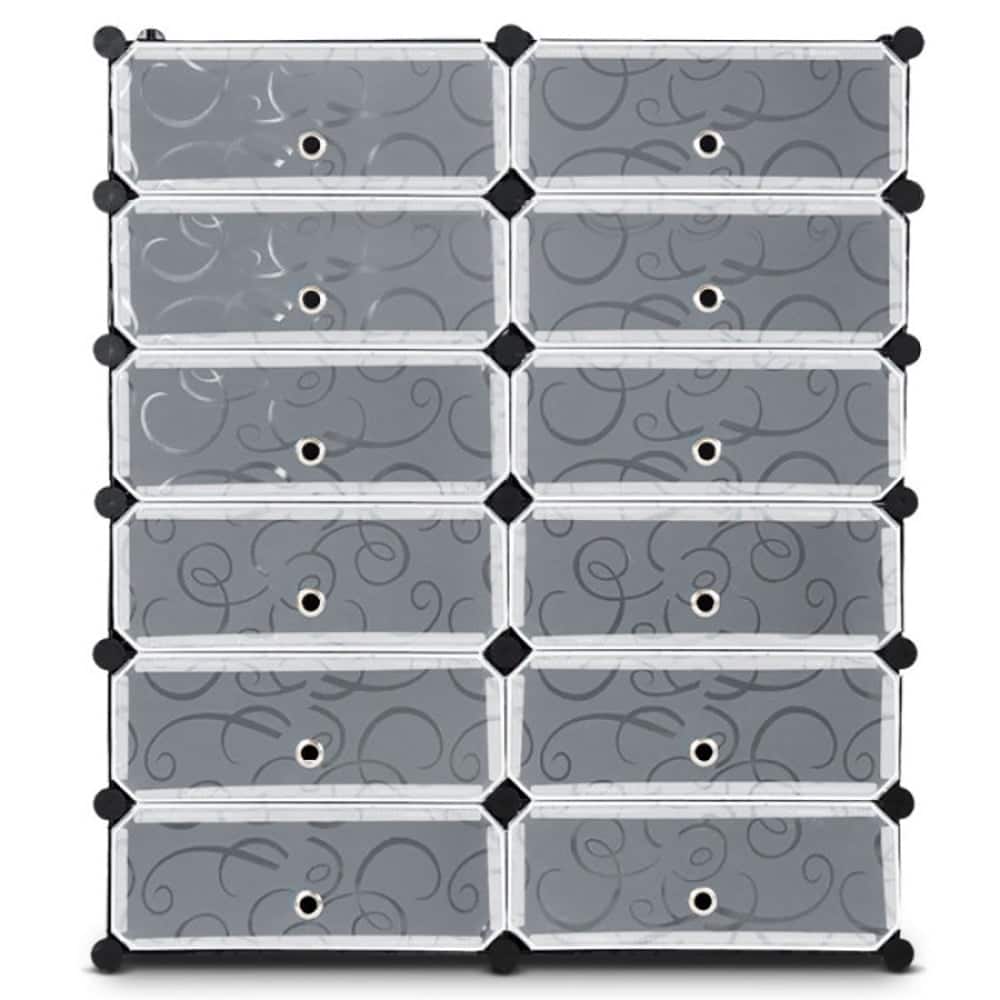 Pefilos - 12-Cube DIY Portable Plastic Shoe Rack with Transparent Doors- Shoe Storage Organizer for Entryway & Closet - Black