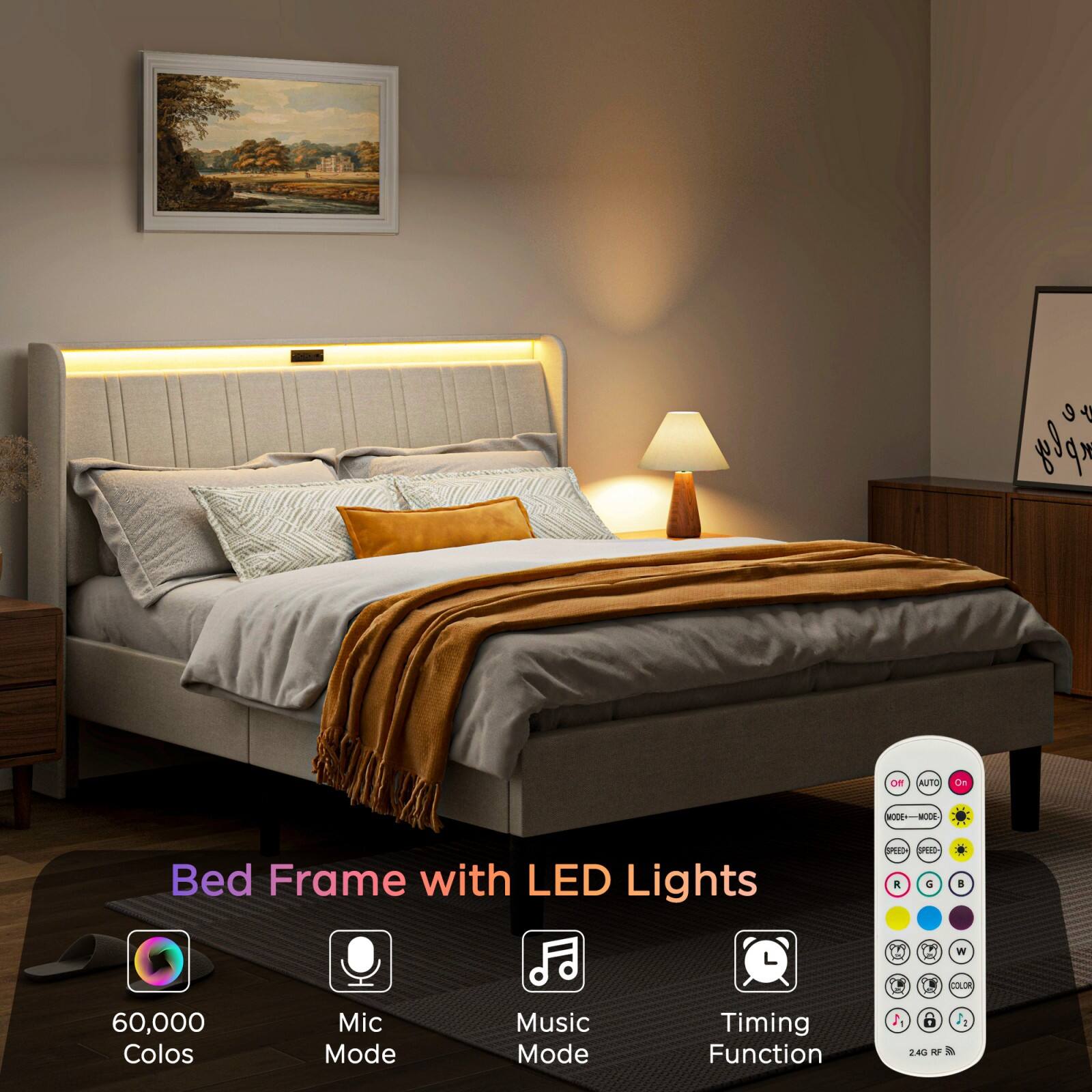 Bed Frame with LED Lights

- 60,000 Colors
- Mic Mode
- Music Mode
- Timing Function

Controls:
- OFF, AUTO, ON
- MODE - MORE
- SPEED
- R, G, B, W
- COLOR
- 2.4G RF